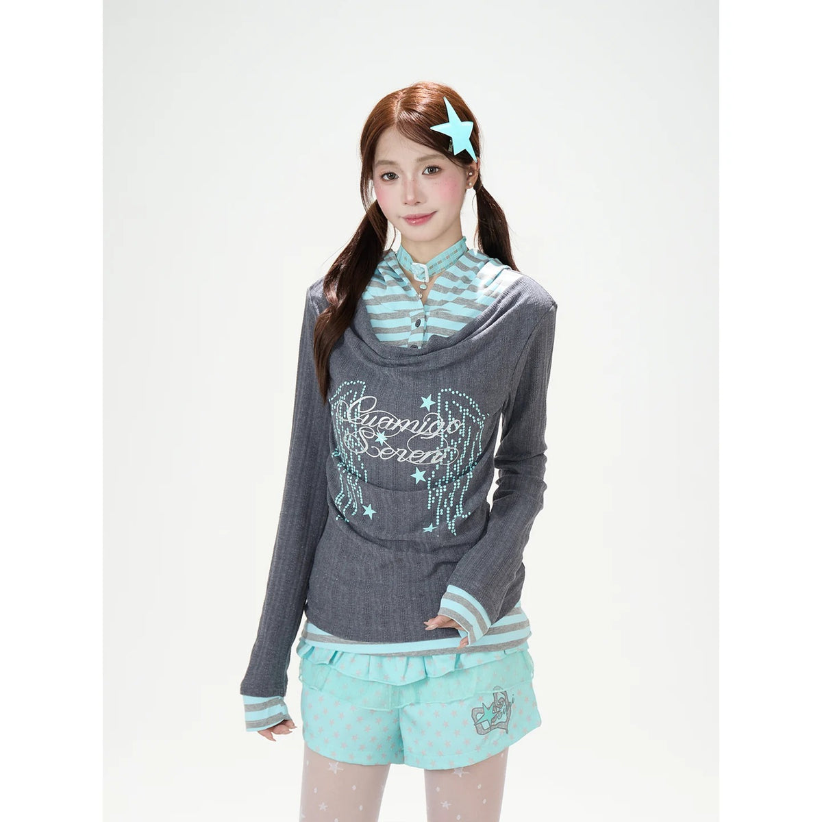 Angel Wing Graphic Hooded Stripe Layered Long Sleeve Top