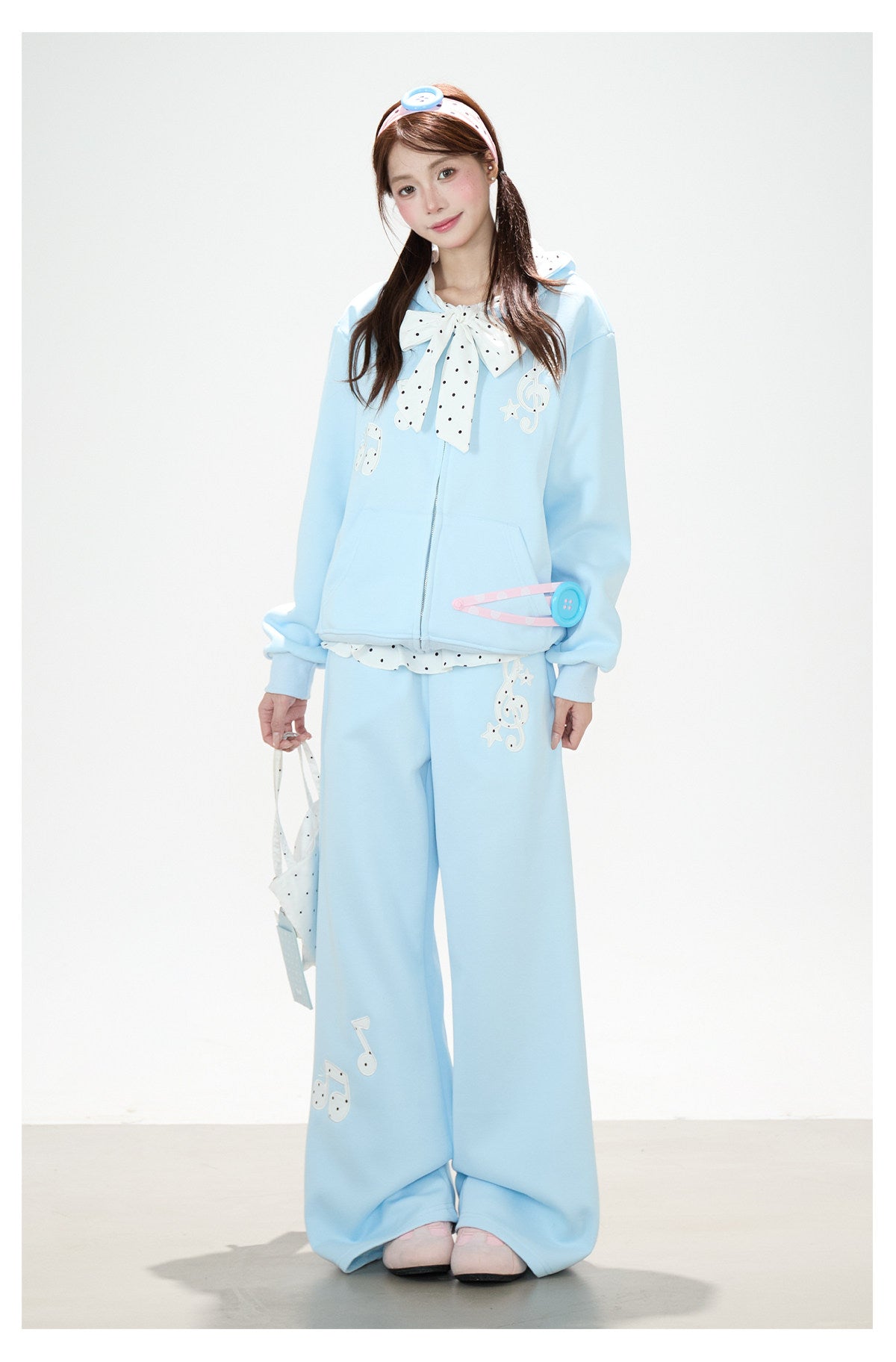 Music Note Polka-Dot Bow Zip-Up Hoodie & Gray Wide-Leg Pants