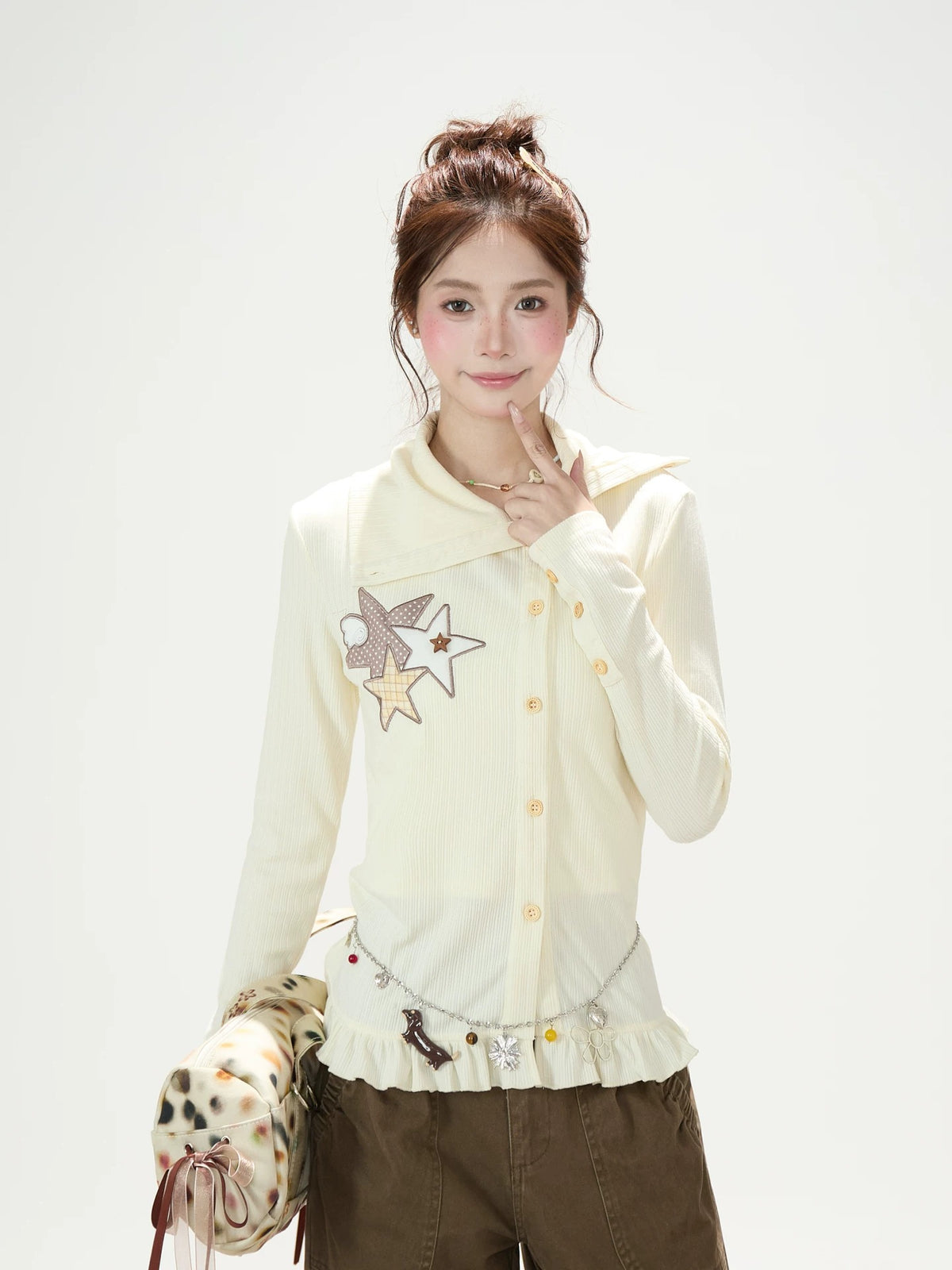 Star Patch Ruffle-Hem Collared Cardigan & Brown Plaid-Cuff Wide-Leg Pants