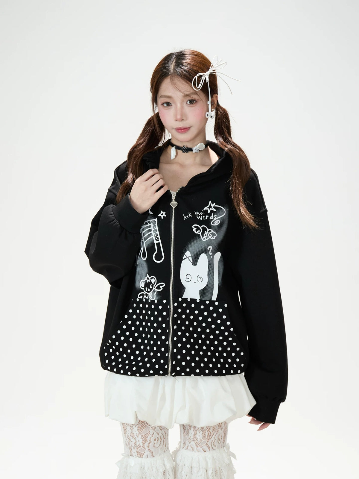 Cartoon Polka-Dot Zip-Up Hoodie & Star Print Shorts