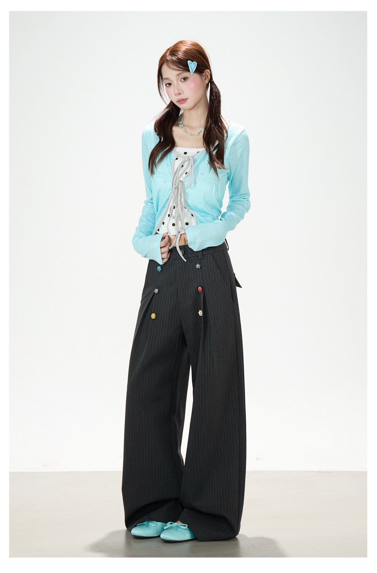 Pinstripe Button Wide-Leg Pants