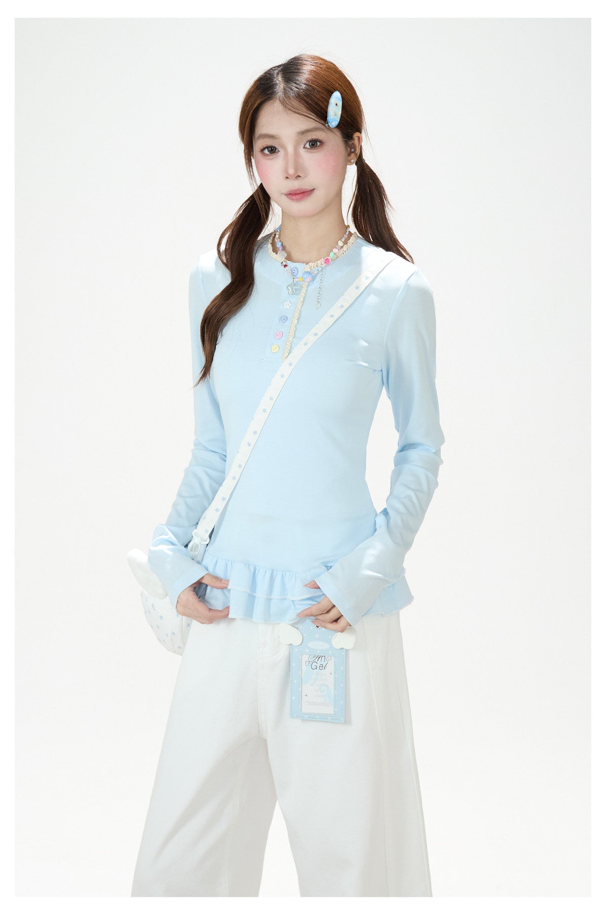 Ruffle Hem Button Long Sleeve Top & White Wide-Leg Pants