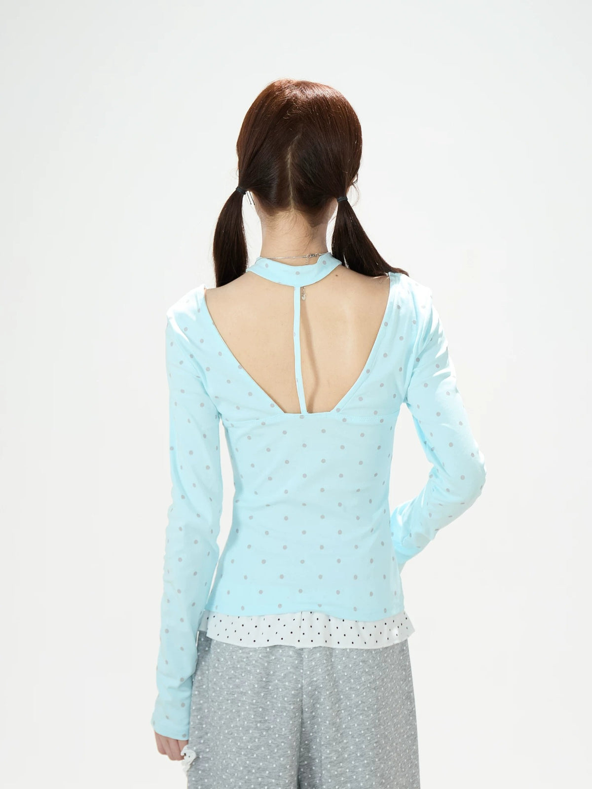 Polka-Dot V-Neck Long Sleeve Top & Lace Star Wide-Leg Pants