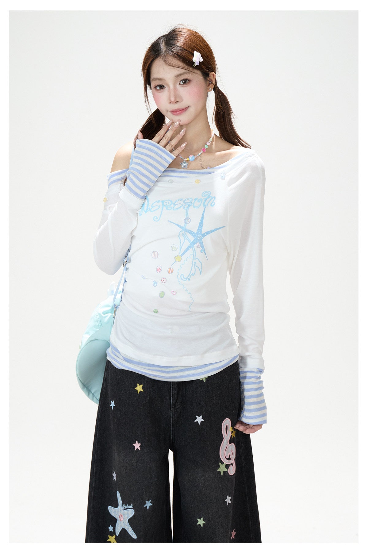 Starfish Off-Shoulder Layered Long Sleeve Top & White Wide-Leg Pants