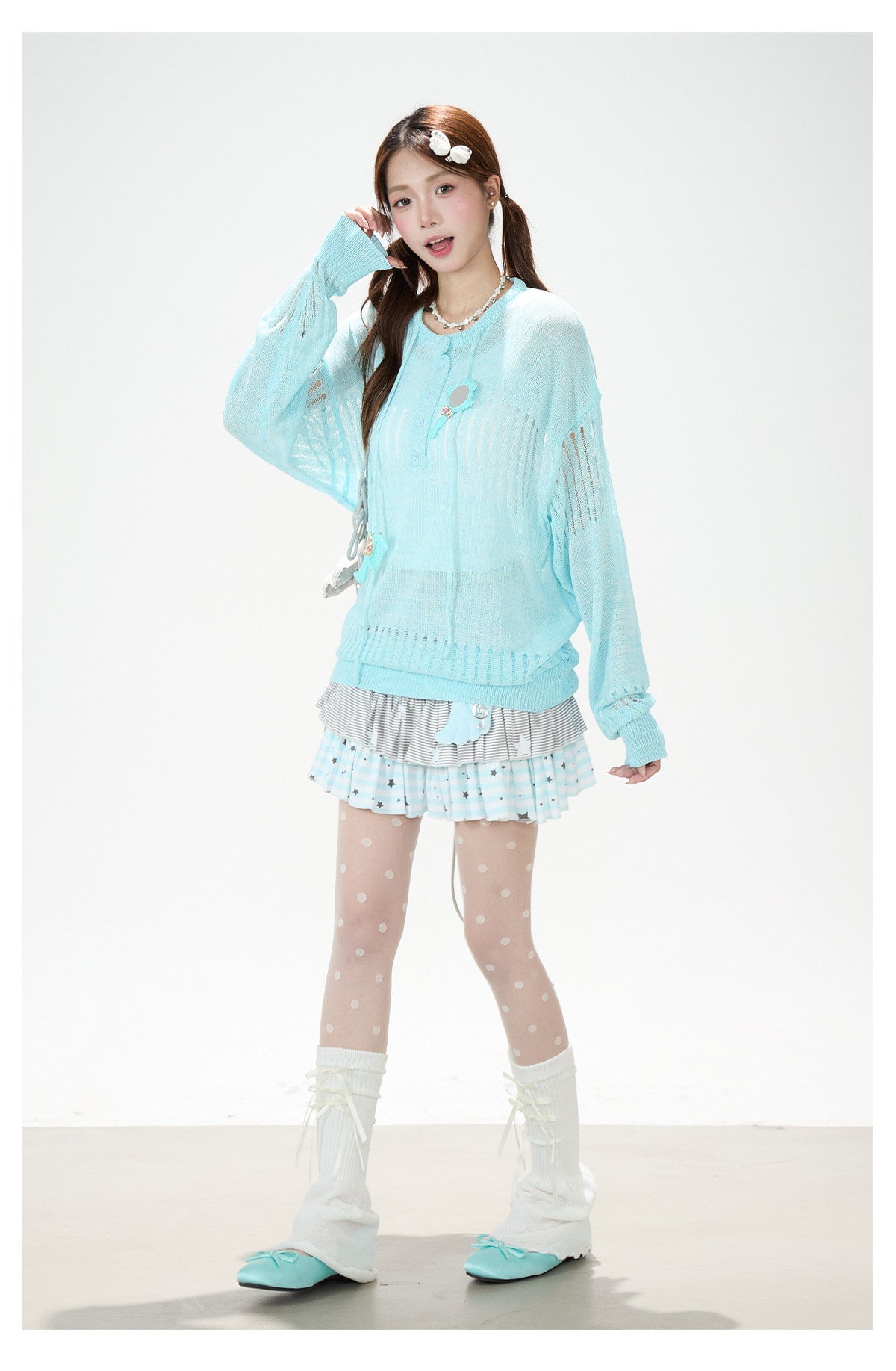 Openwork Knit Long Sleeve Top & Light Blue Layered Ruffle Mini Skirt