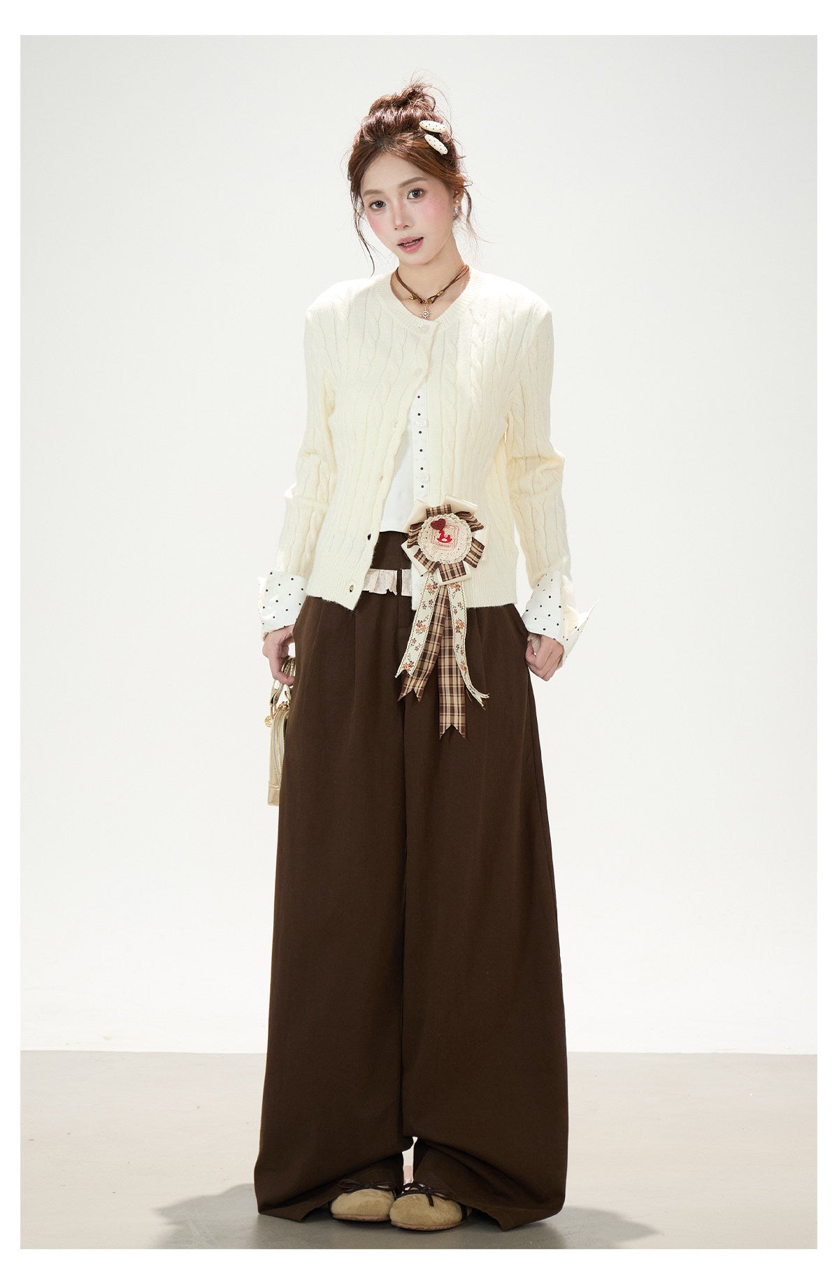 Polka-Dot Bow Knit Cardigan & Black Pinstripe Wide-Leg Pants