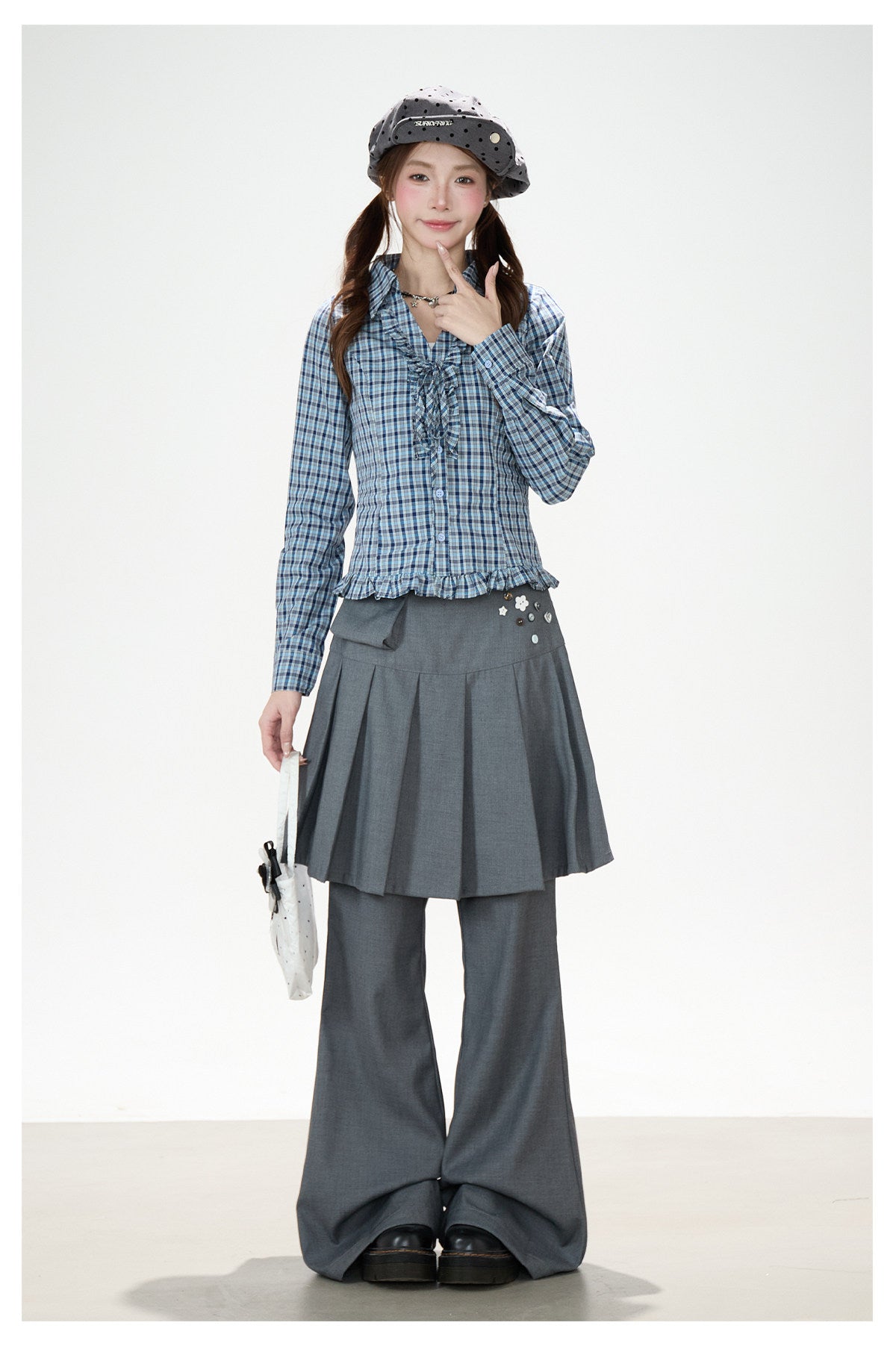 Pleated Skirt-Layer Flared Pants