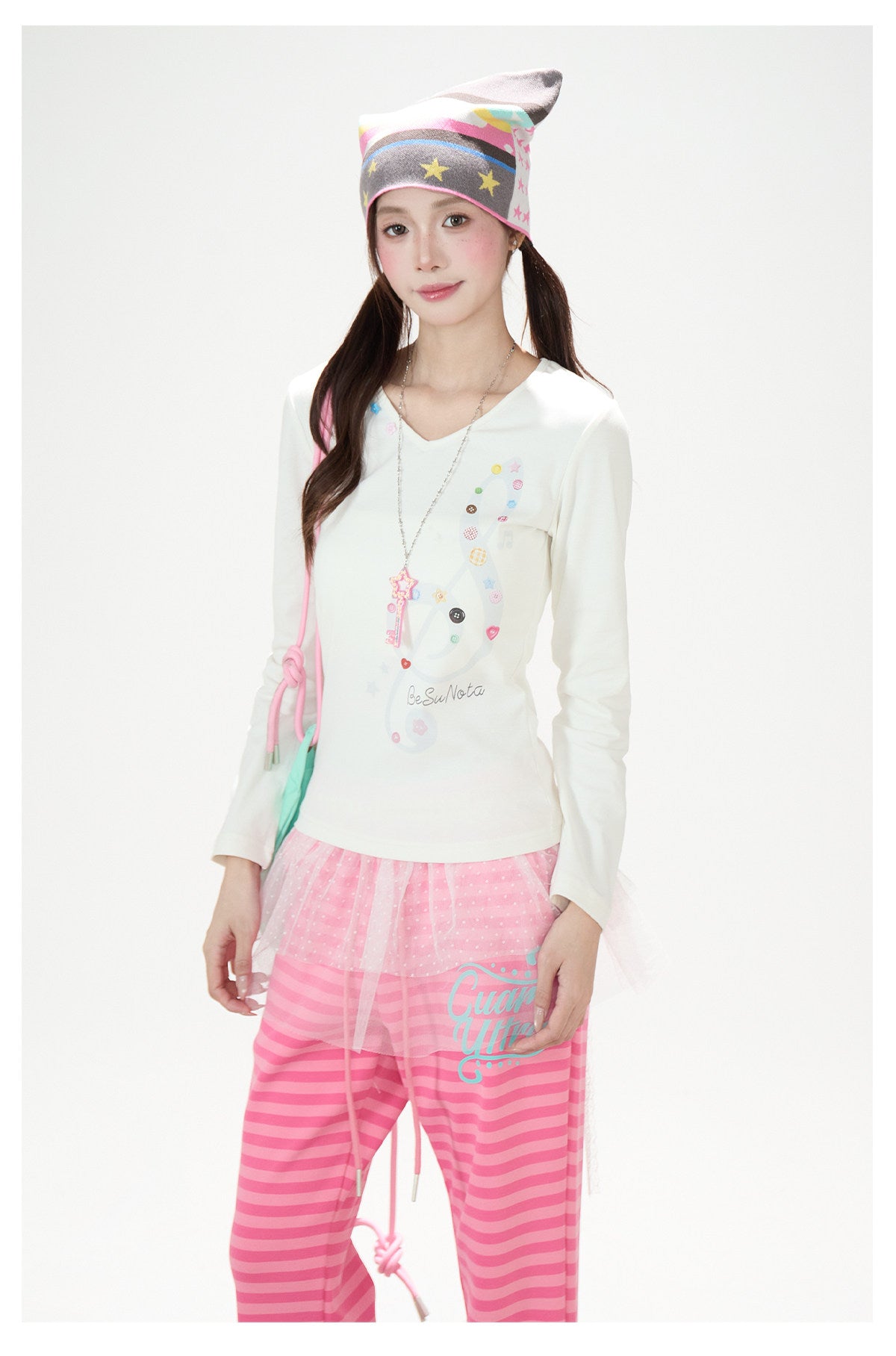 Music Note Star Button V-Neck Long Sleeve Top & Pink Stripe Wide-Leg Pants