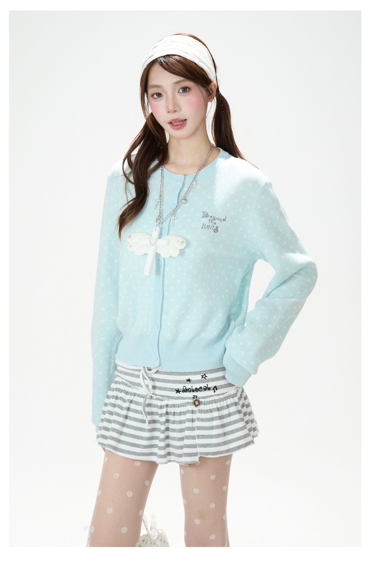 Polka-Dot Soft Knit Cardigan & Gray Mini Skirt