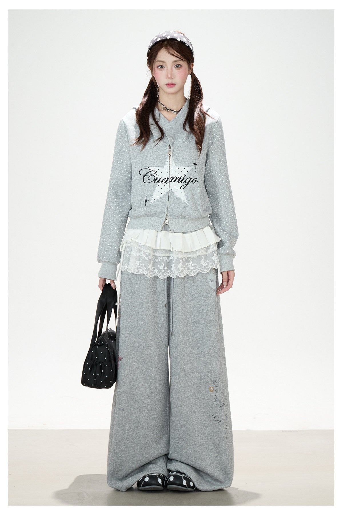 Star Polka-Dot Cropped Zip-Up Hoodie & Gray Wide-Leg Sweatpants