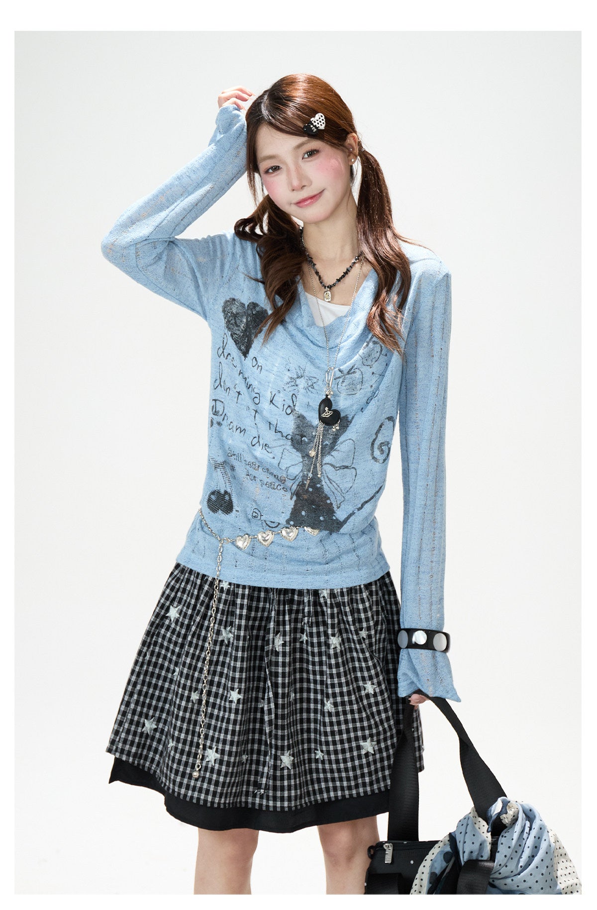 Graffiti Cutout Cowl-Neck Long Sleeve Top & Star Plaid Mini Skirt