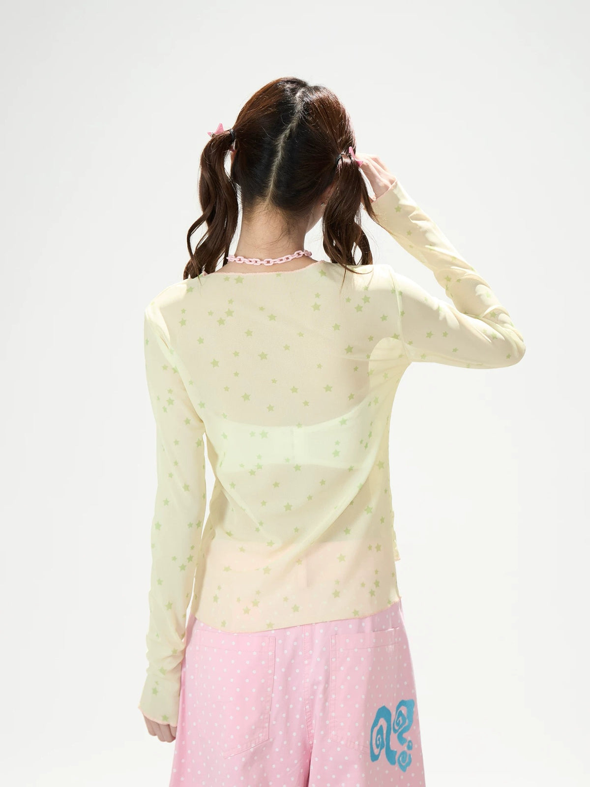 Anime Star Polka-Dot Mesh Long Sleeve Top & Bunny Graphic Wide-Leg Jeans