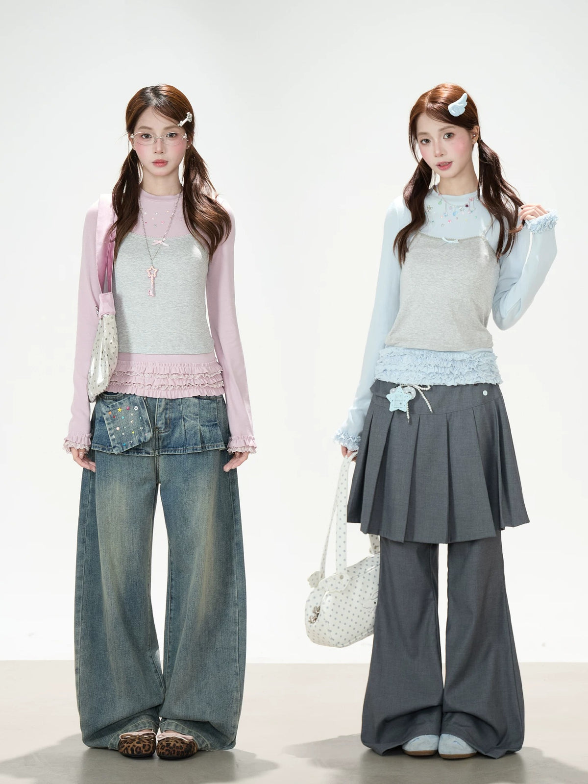 Ruffle Hem Layered Cami Long Sleeve Top & Washed Wide-Leg Jeans