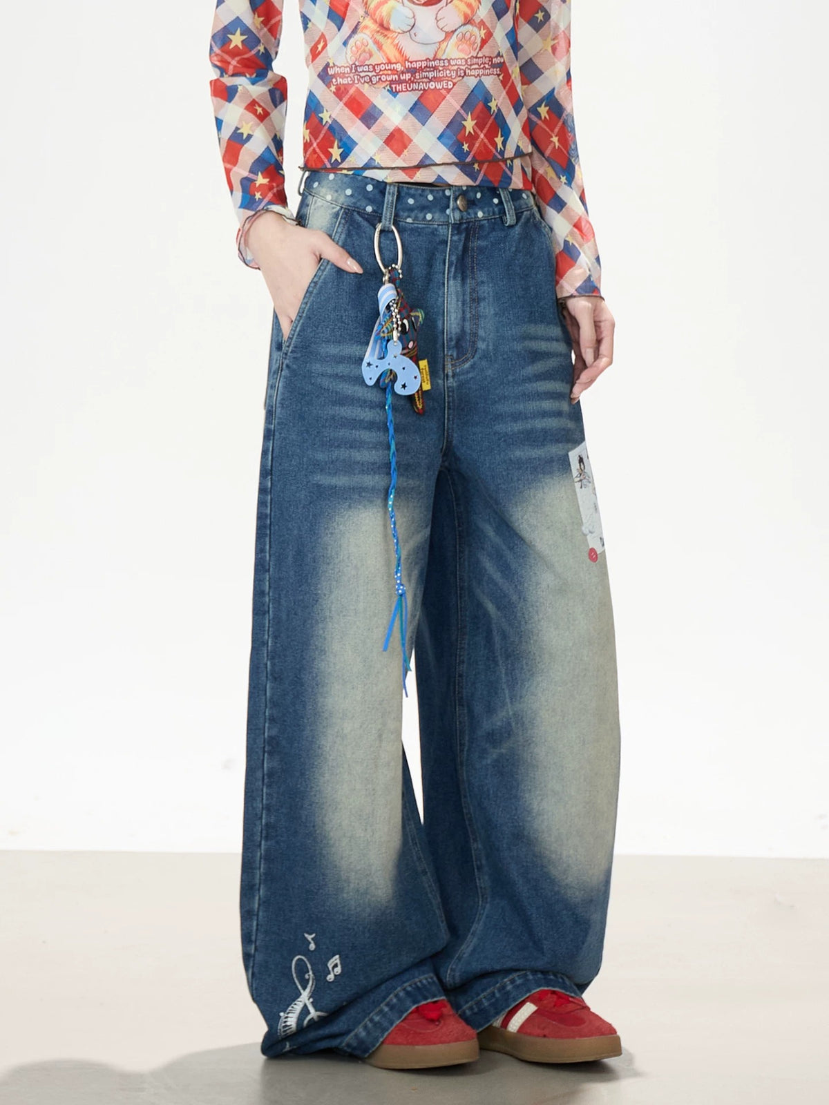 Cartoon Patch Washed Wide-Leg Jeans