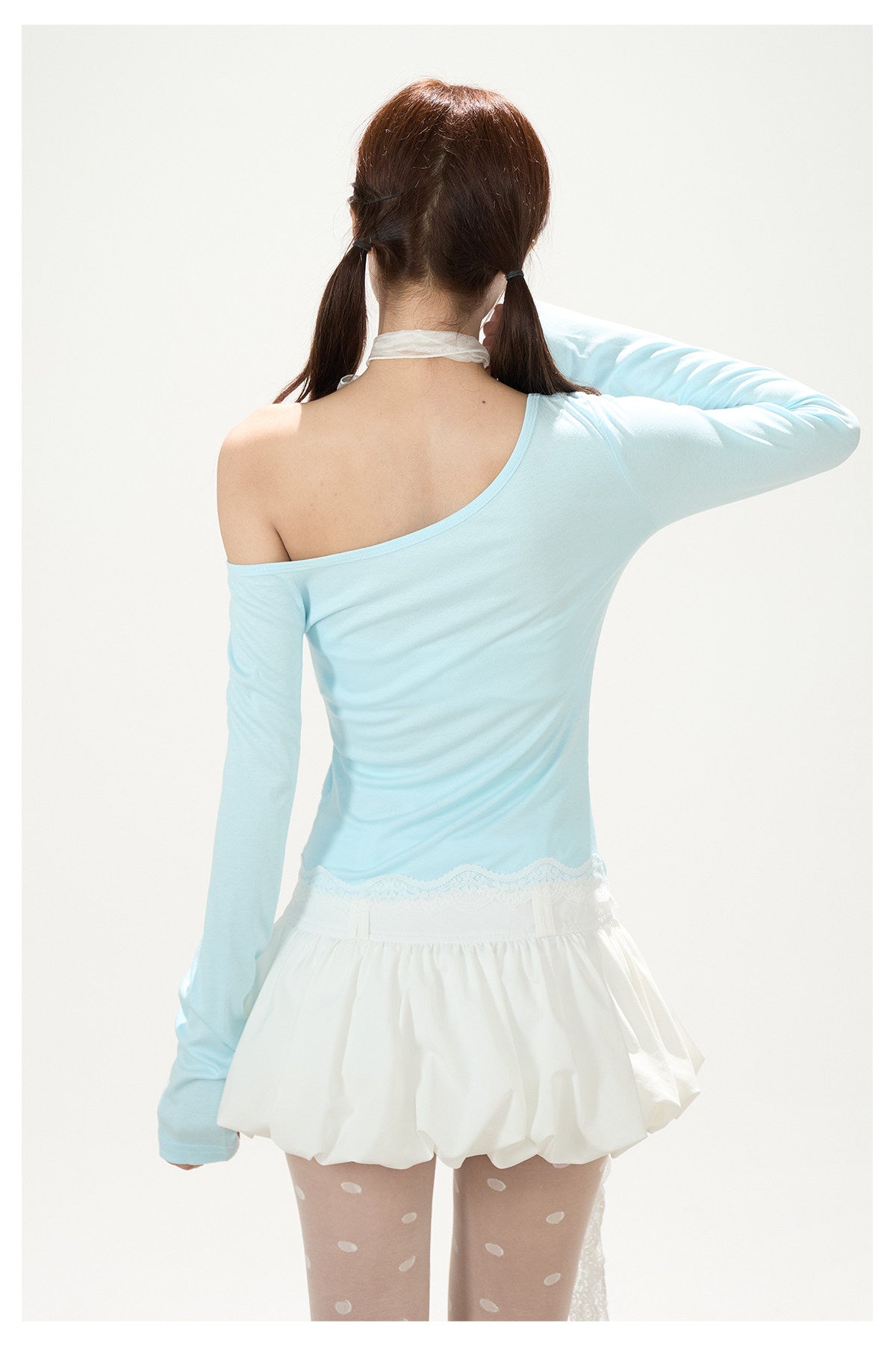 Ballet Ribbon Off-Shoulder Long Sleeve Top & White Ruffle Mini Skirt