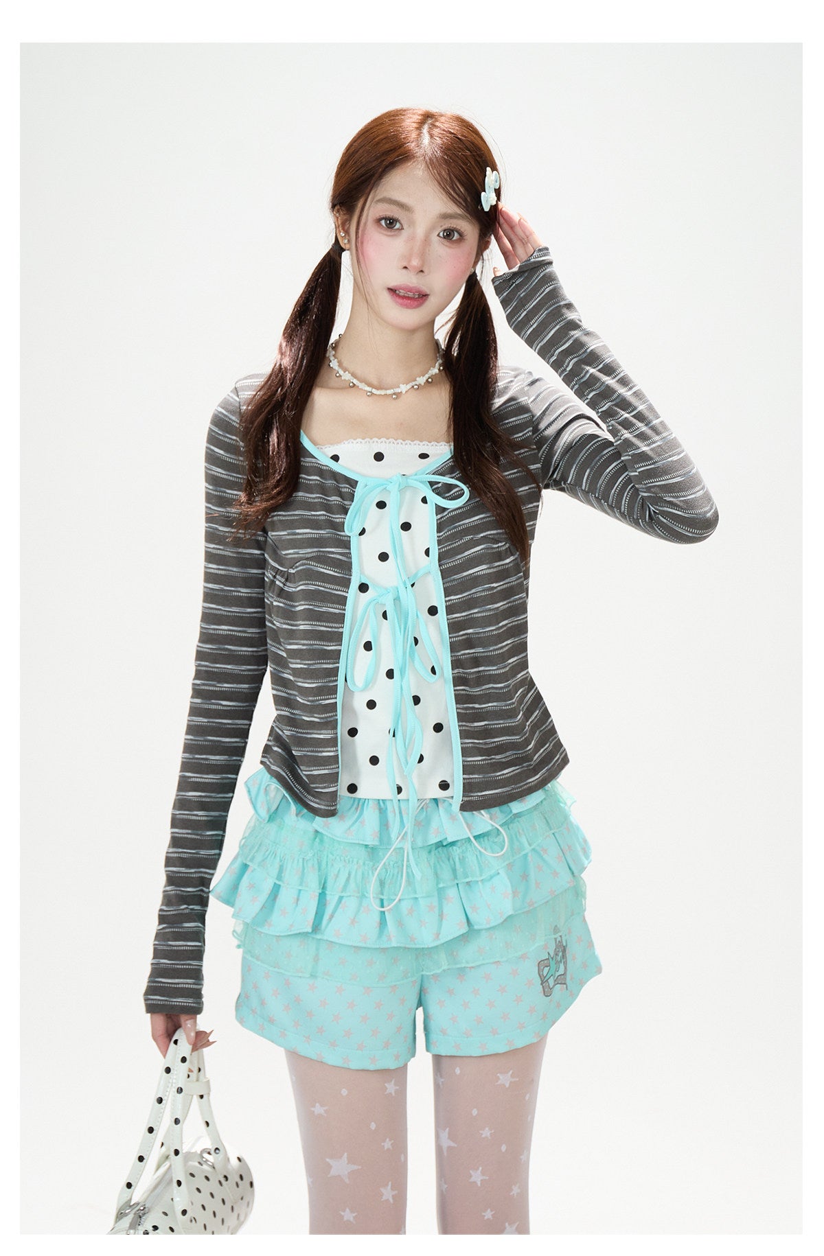 Polka-Dot Lace-Up Layered Long Sleeve Top & White Mini Skirt