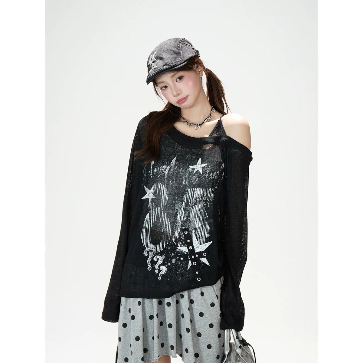 Dark Graffiti Off-Shoulder Long Sleeve Top & Asymmetric Polka-Dot Mini Skirt