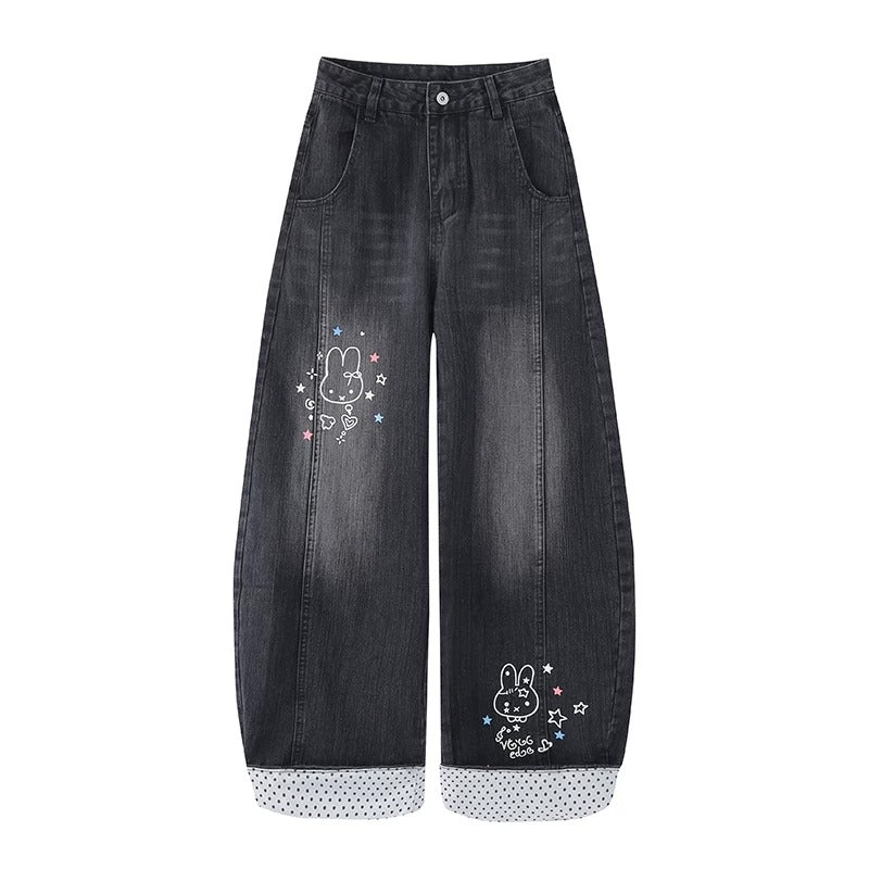 Anime Star Polka-Dot Mesh Long Sleeve Top & Bunny Graphic Wide-Leg Jeans