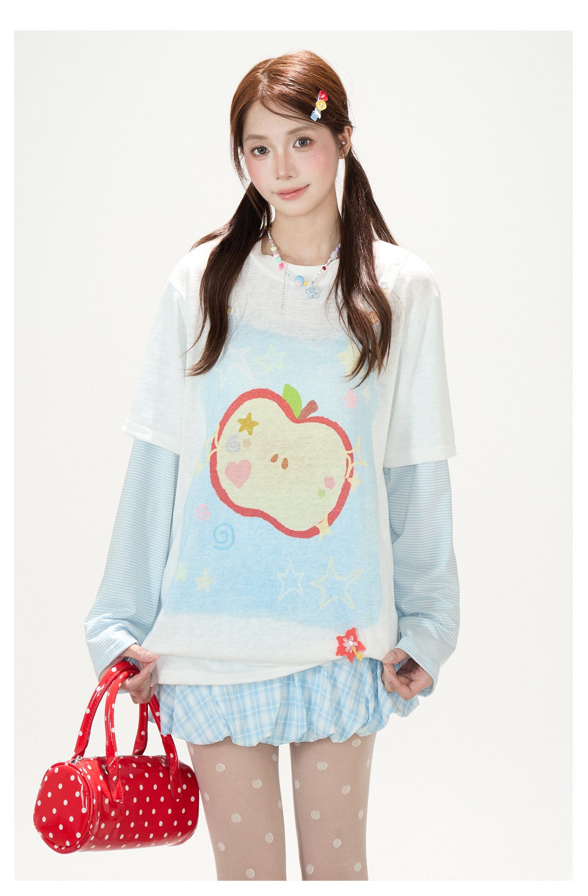 Apple Doodle Layered Long Sleeve Tee & Light Blue Ruffle Mini Skirt