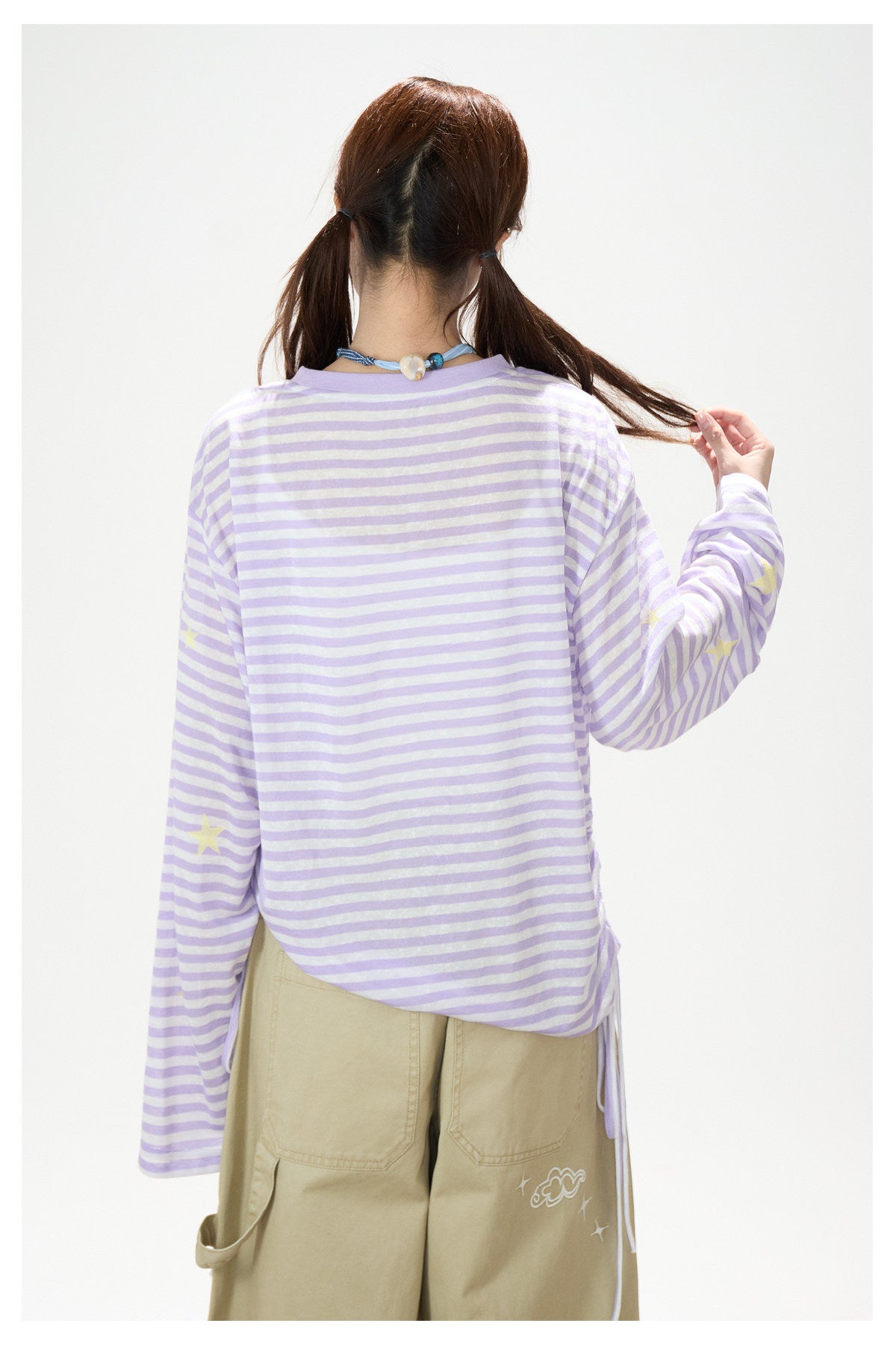Pastel Stripe Cartoon Drawstring Long Sleeve Top & Khaki Wide-Leg Pants