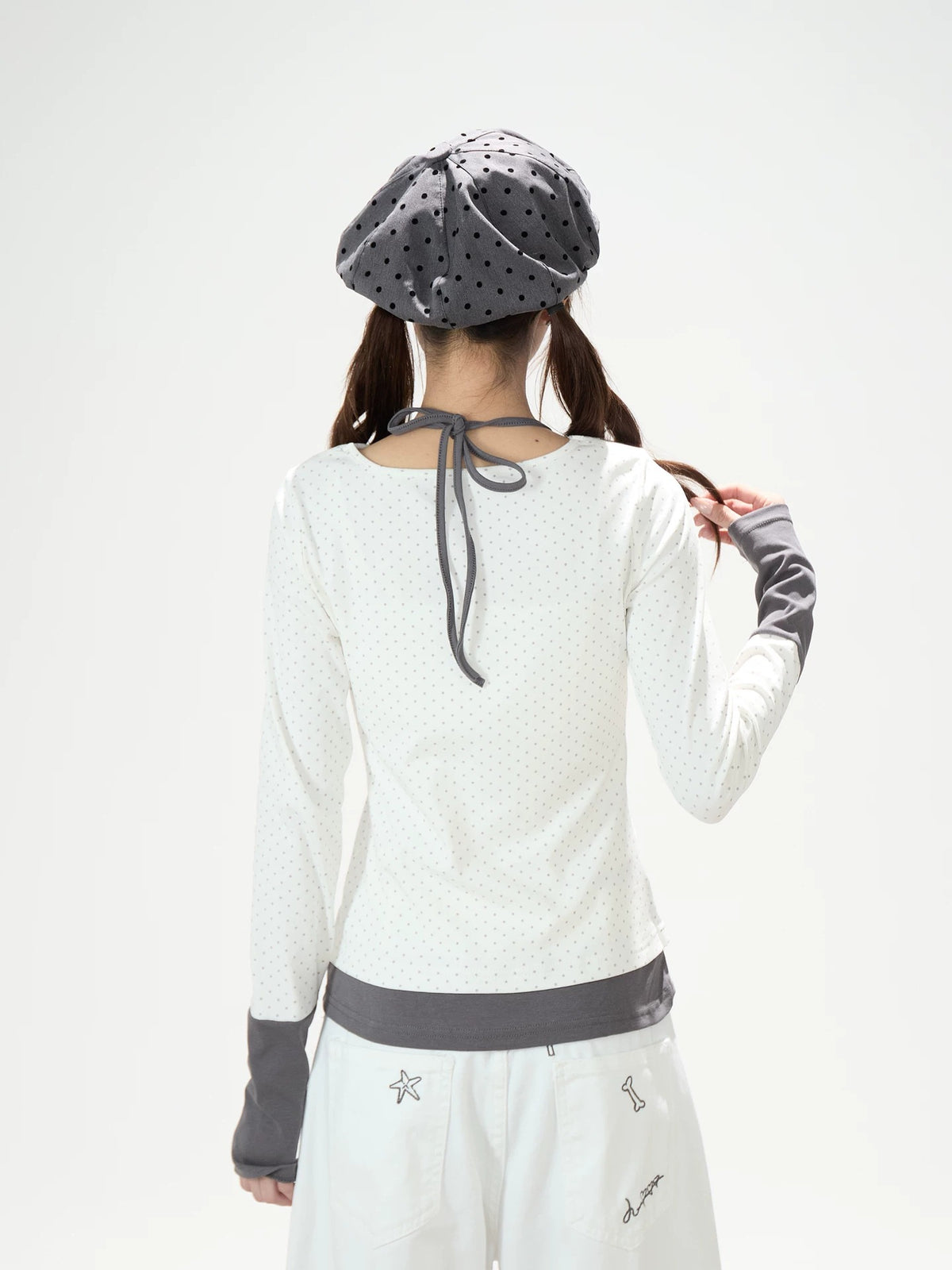 Music Note Cat Polka-Dot Layered Long Sleeve Top & White Wide-Leg Pants