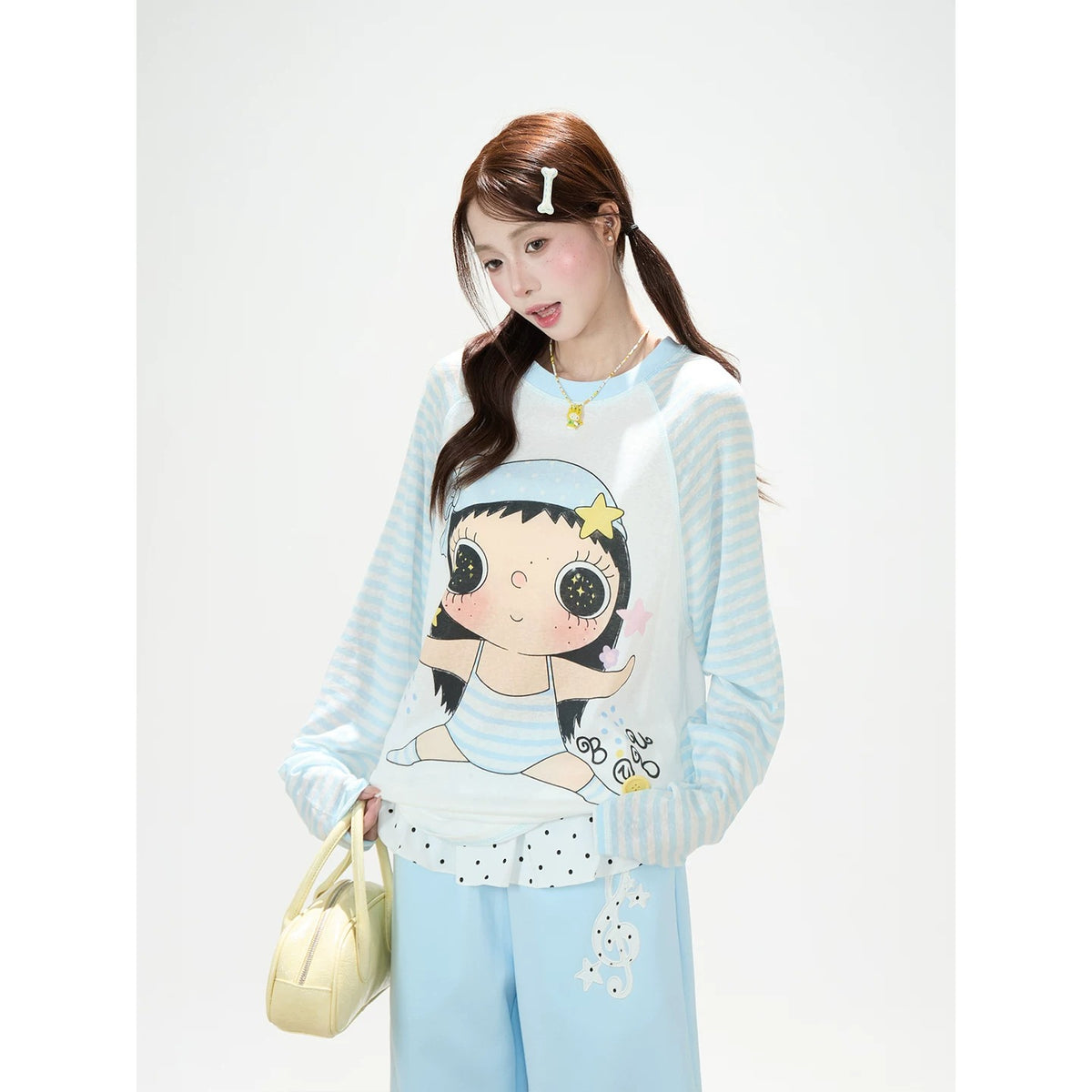 Cartoon Girl Stripe Raglan Long Sleeve Top & Black Polka-Dot Ruffle Skirt