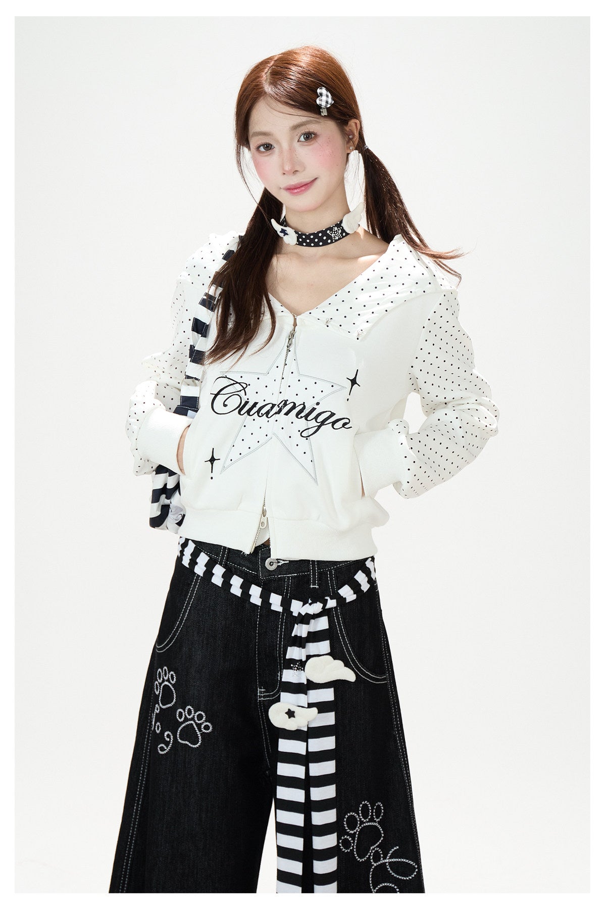 Star Polka-Dot Cropped Zip-Up Hoodie & Paw Print Graphic Wide-Leg Jeans