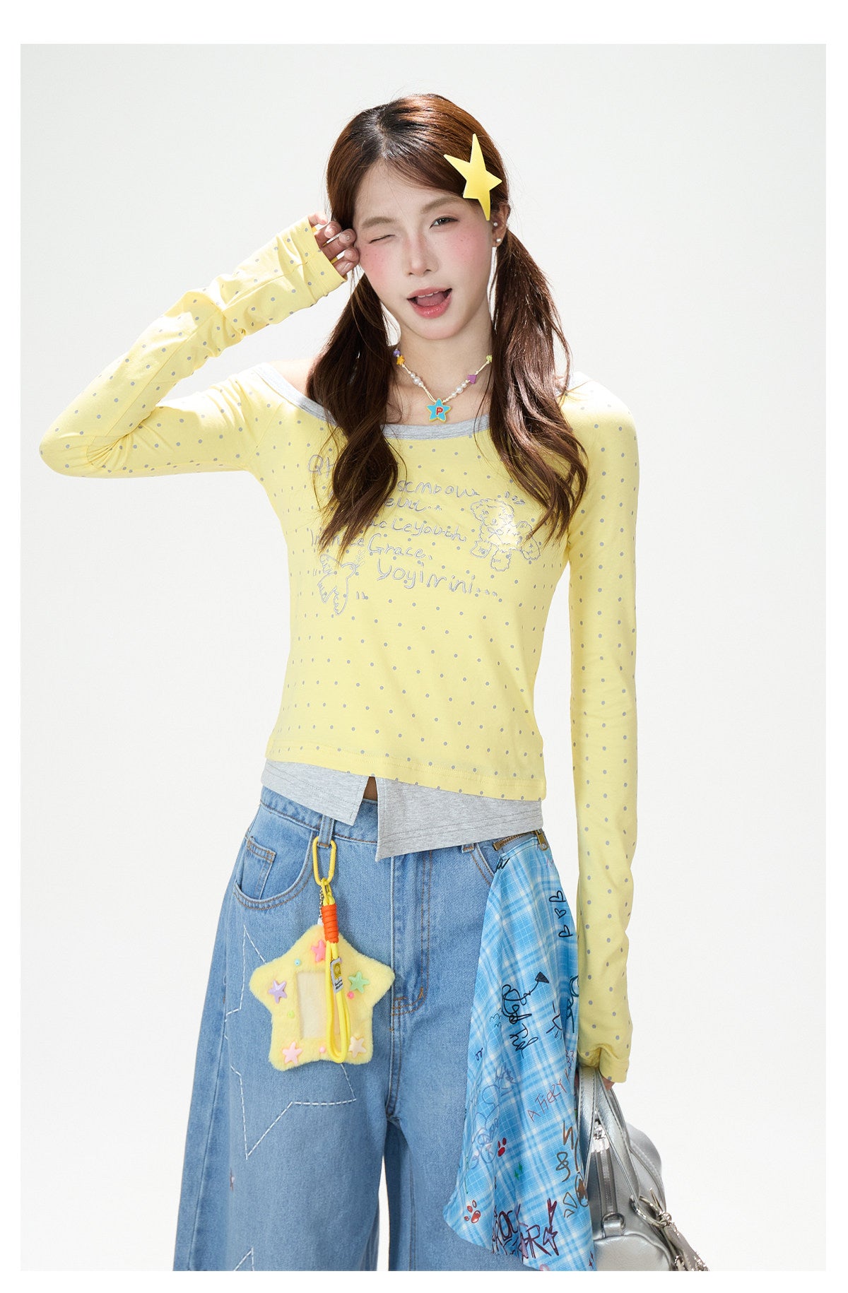 Polka-Dot Halter Off-Shoulder Long Sleeve Top & Wing Lace Wide-Leg Cargo Pants