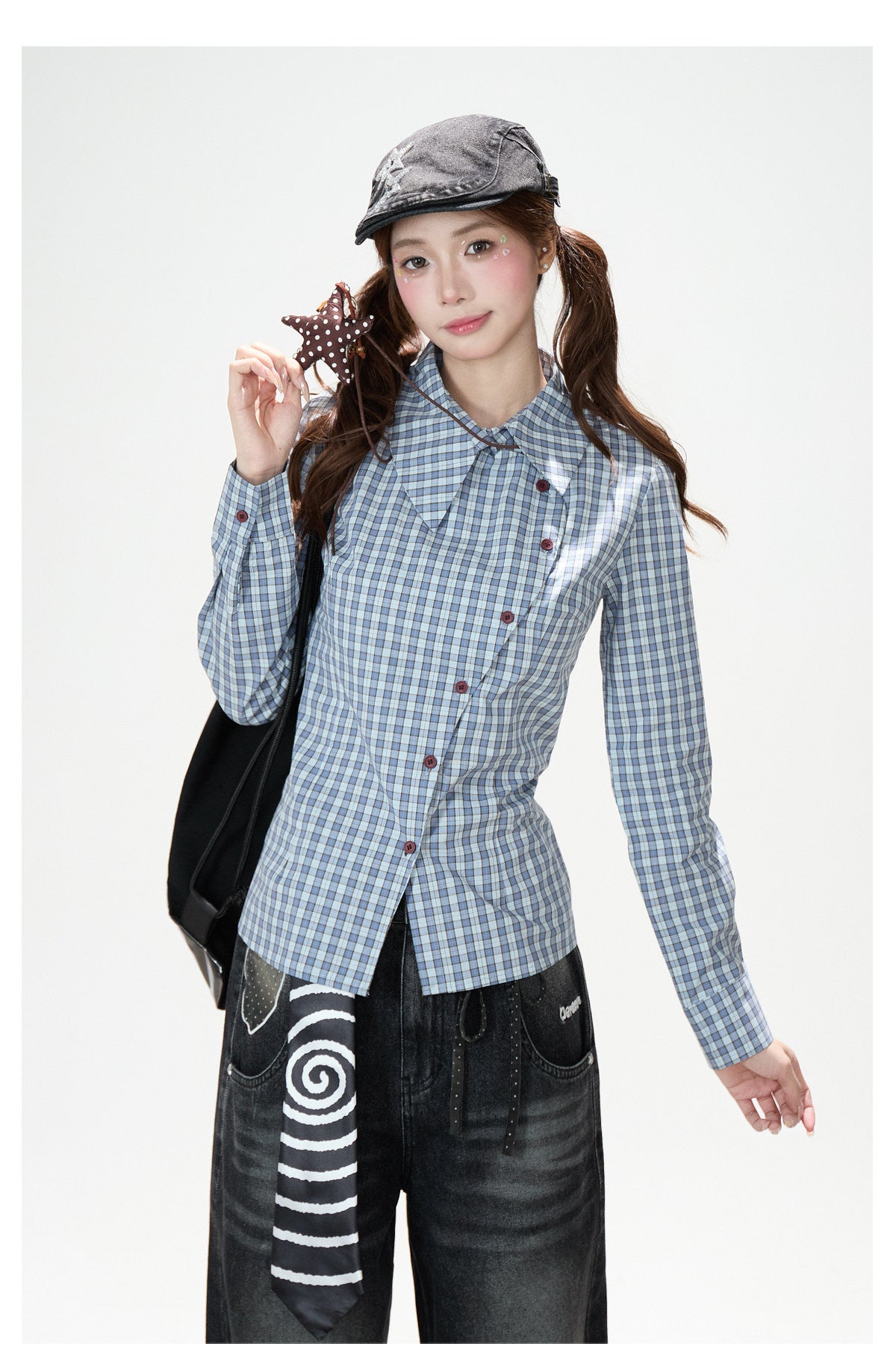 Blue Check Asymmetrical Shirt & Washed Wide-Leg Pants