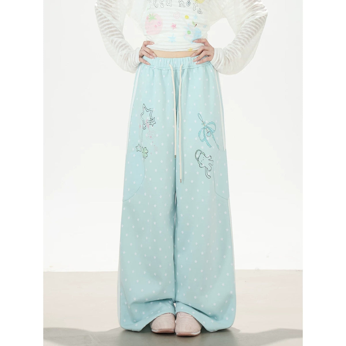 Fruit Doodle Stripe Long Sleeve Top & Polka-Dot Wide-Leg Pants