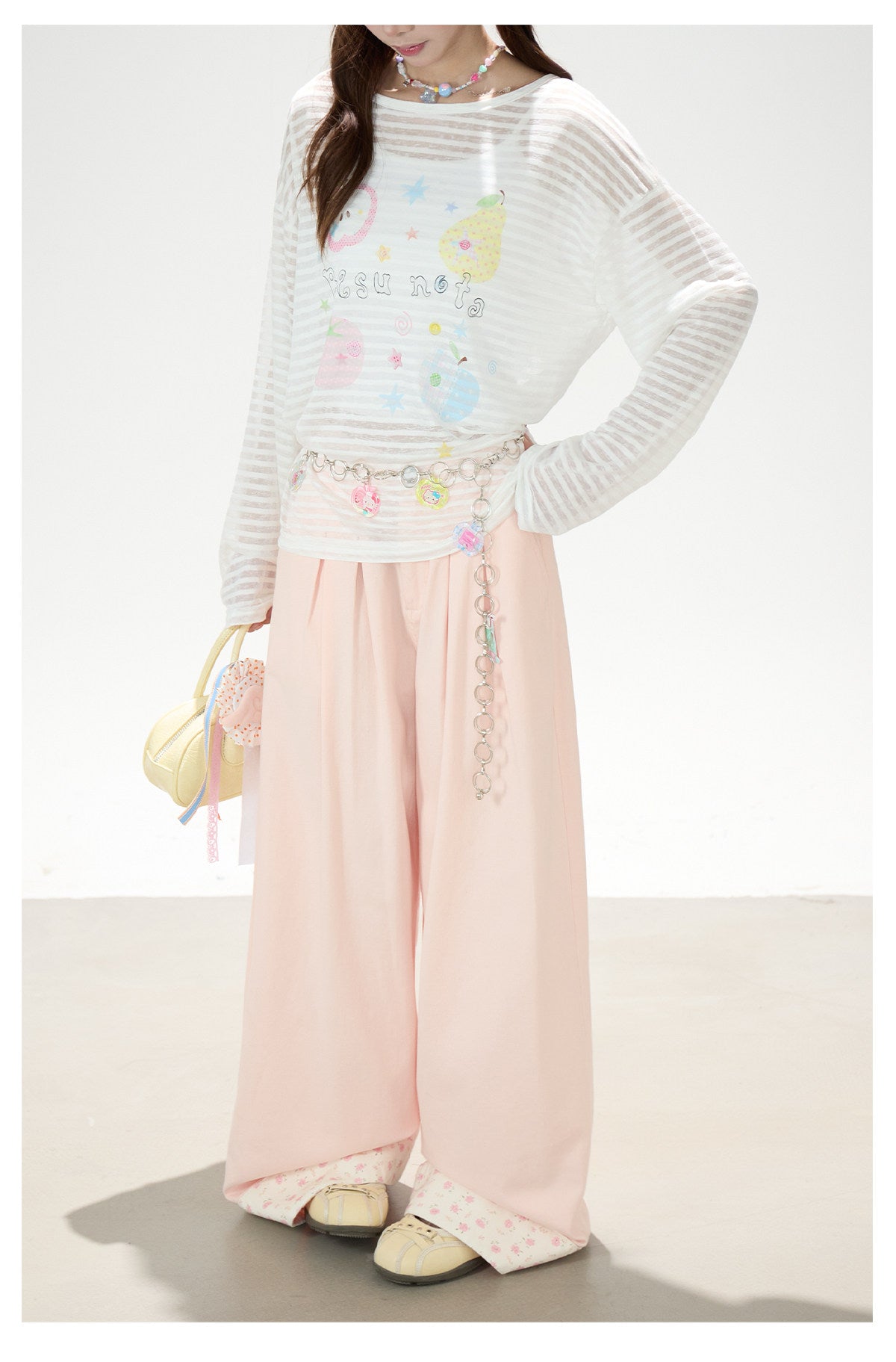Playful Stripe Graphic Sheer Long Sleeve Top & Pink Wide-Leg Pants