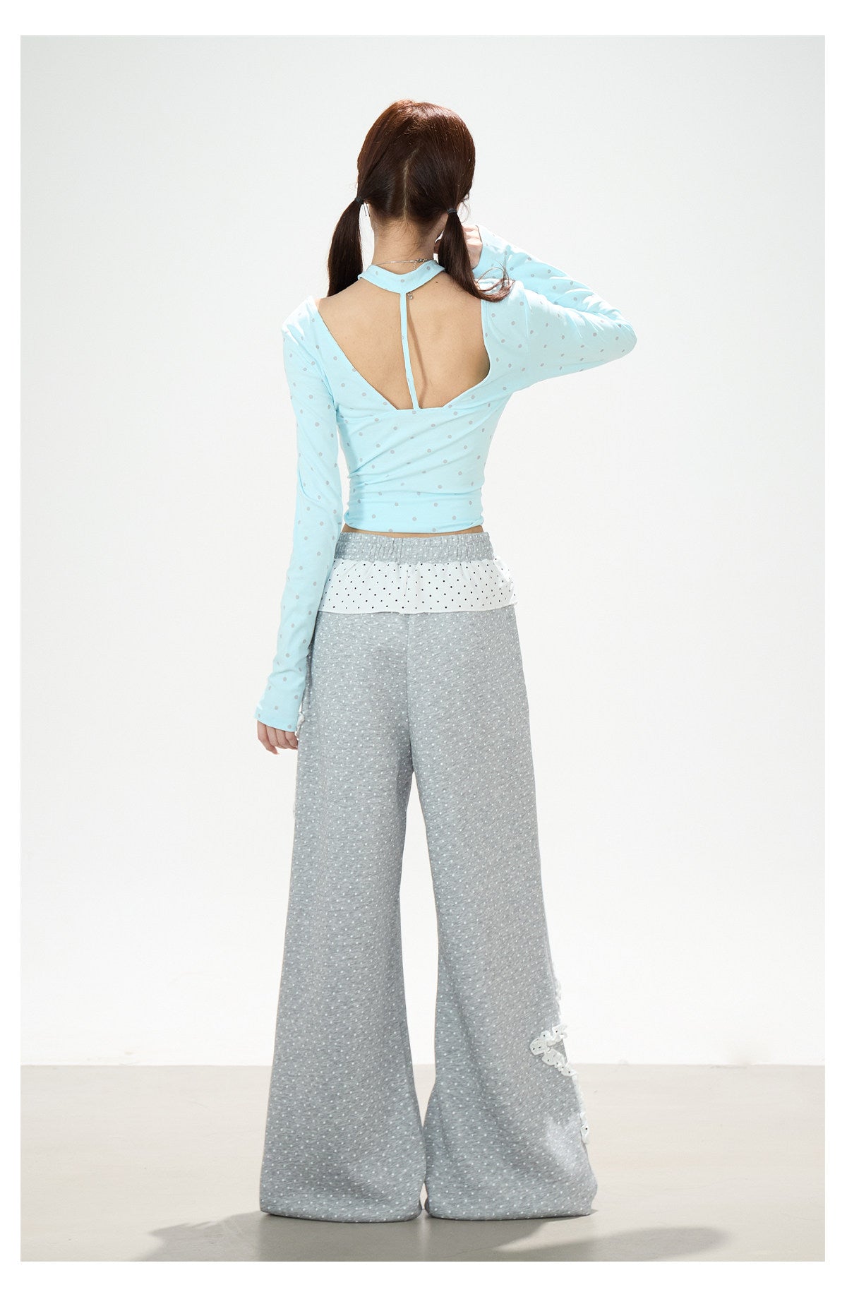 Polka-Dot V-Neck Long Sleeve Top & Lace Star Wide-Leg Pants