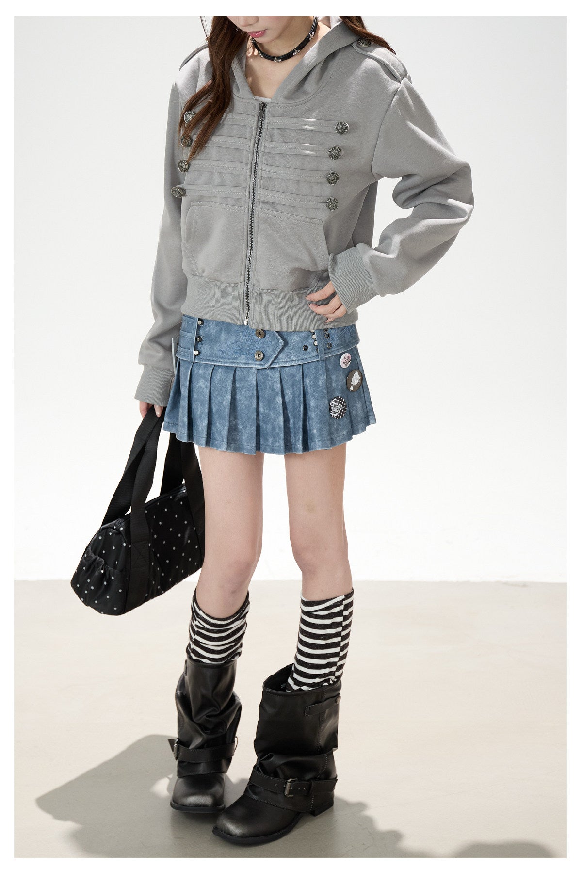 Utility Button Zip-Up Hoodie & Blue Pleated Mini Skirt