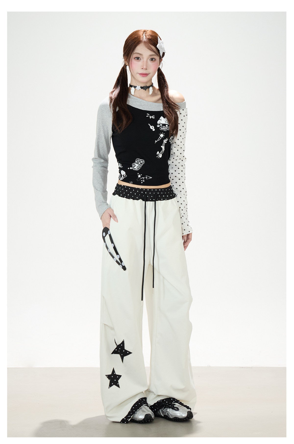 Star Polka-Dot Patchwork Wide-Leg Cargo Pants