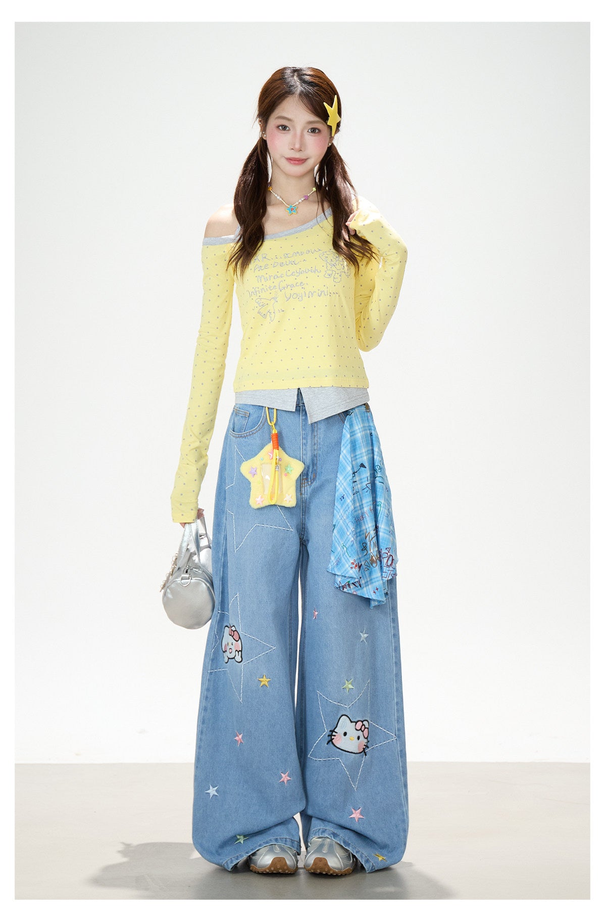 Letter Polka-Dot Off-Shoulder Layered Long Sleeve Top & Cartoon Star Wide-Leg Jeans with Charm
