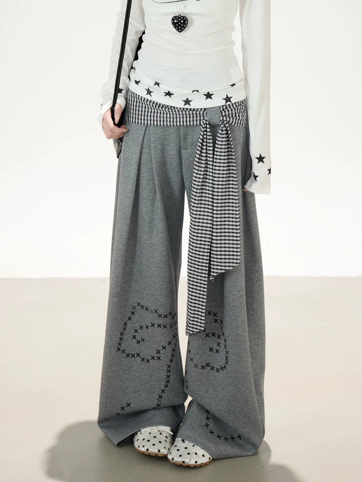 Plaid Tie-Panel Wide-Leg Sweatpants