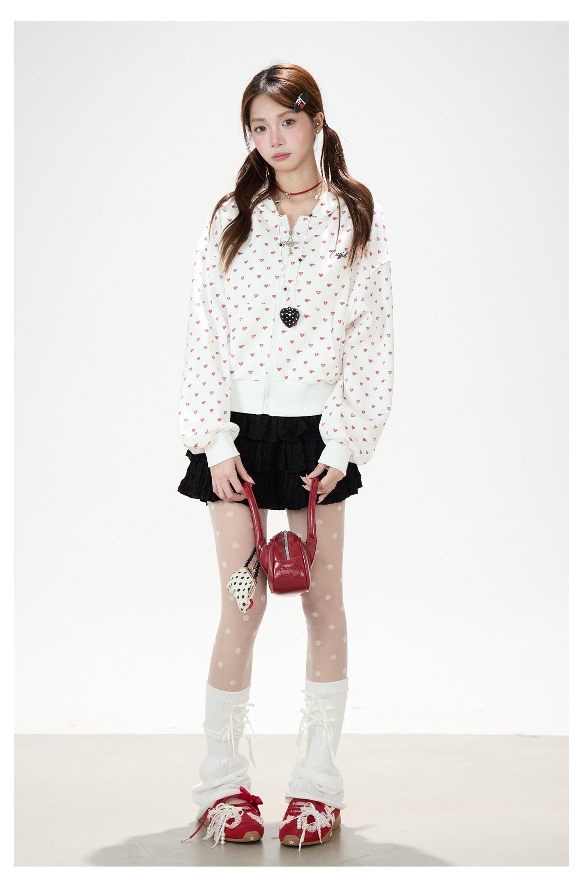 Heart Print Zip-Up Hoodie & Black Tiered Ruffle Mini Skirt