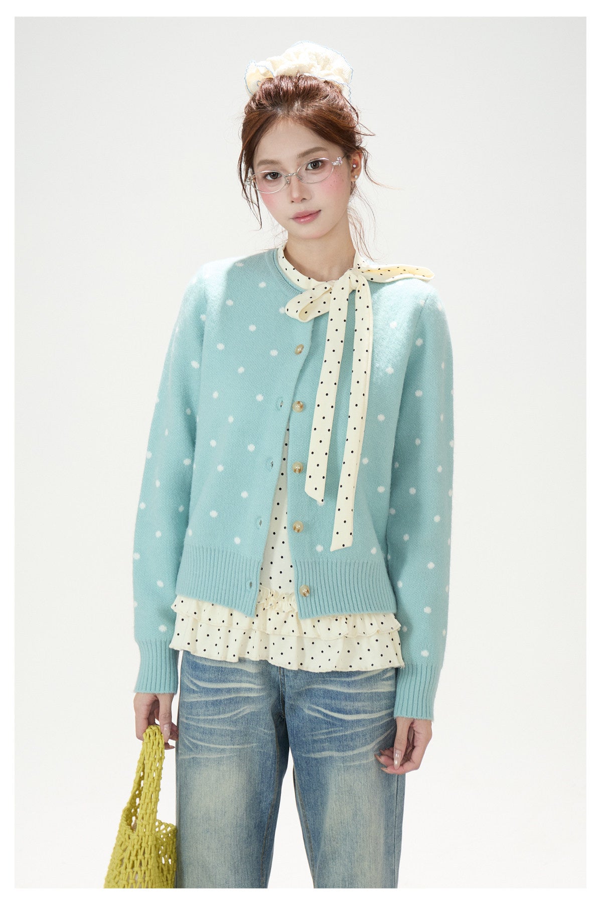 Polka-Dot Jacquard Knit Cardigan & Washed Flare Jeans