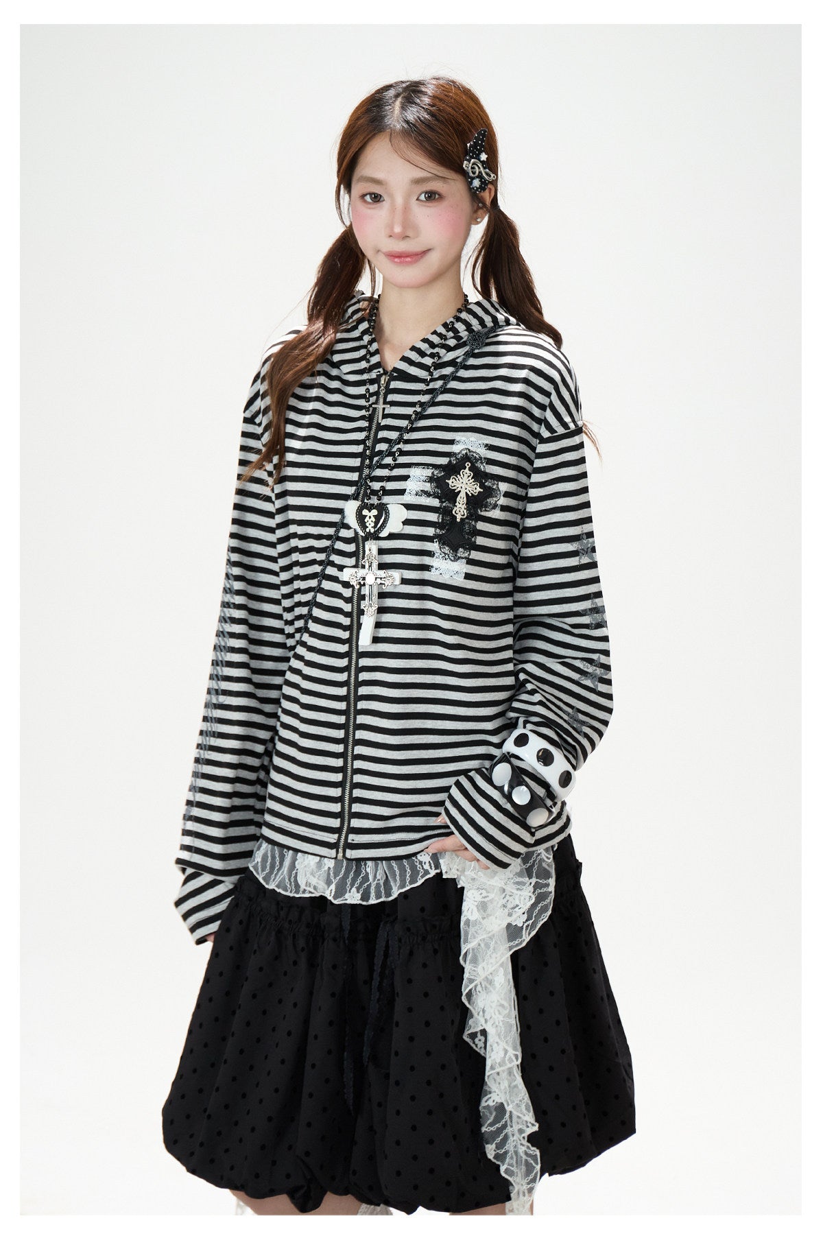 Lace Cross Stripe Zip-Up Hoodie & Black Polka-Dot Ruffle Midi Skirt