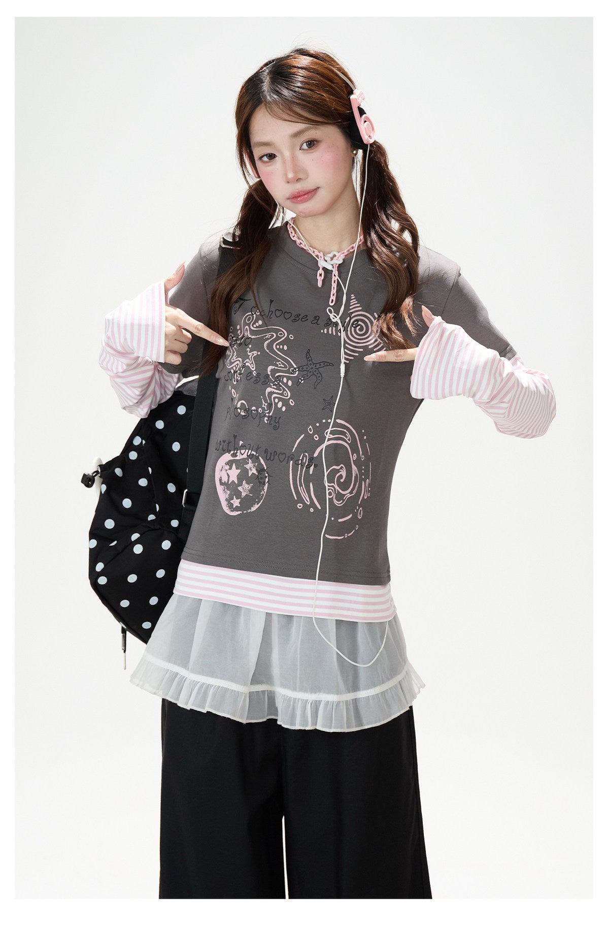 Graffiti Layered Long Sleeve Top & Black Wide-Leg Pants