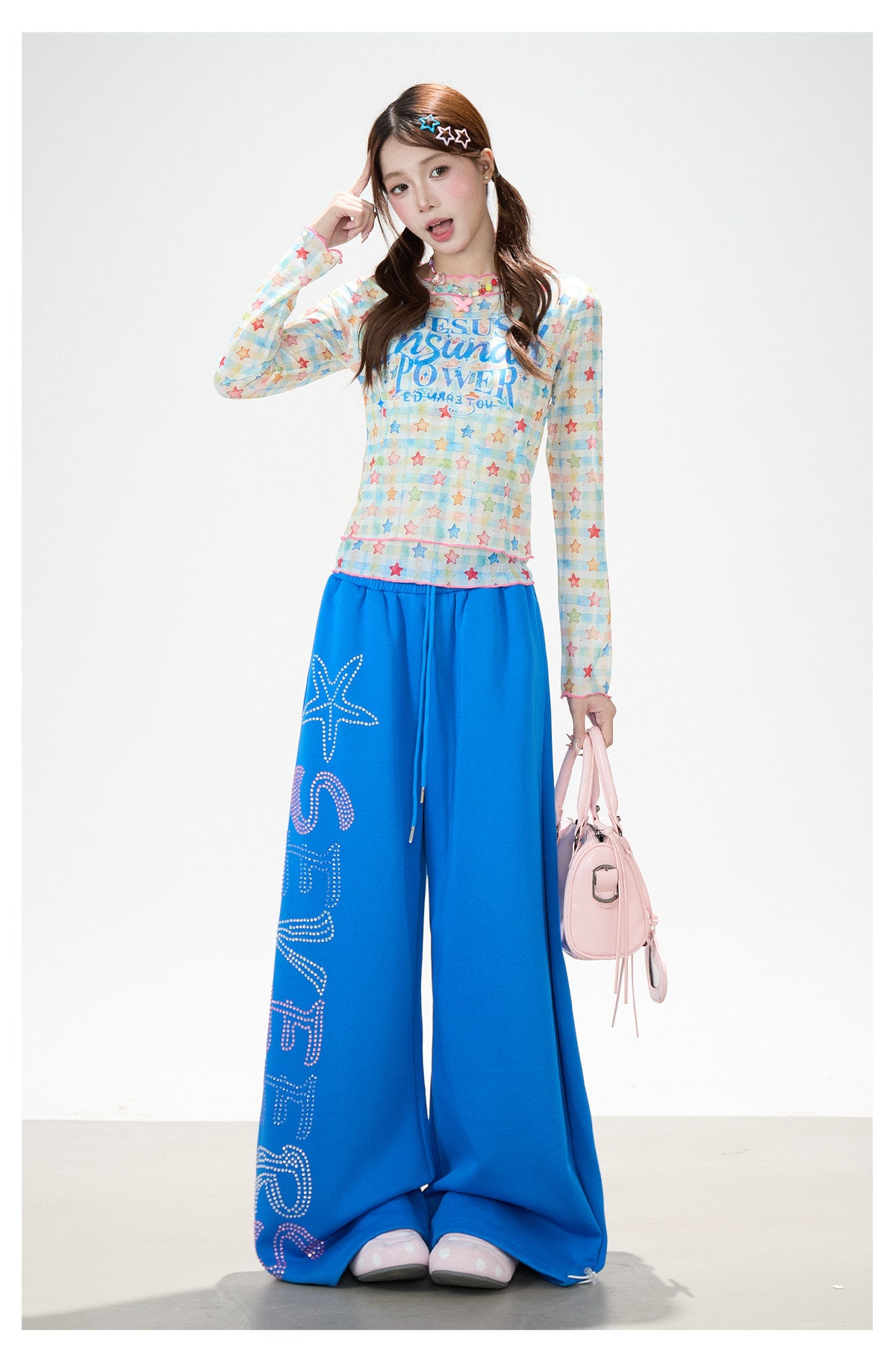 Pantalon de survêtement à jambes larges avec strass motif étoile de mer