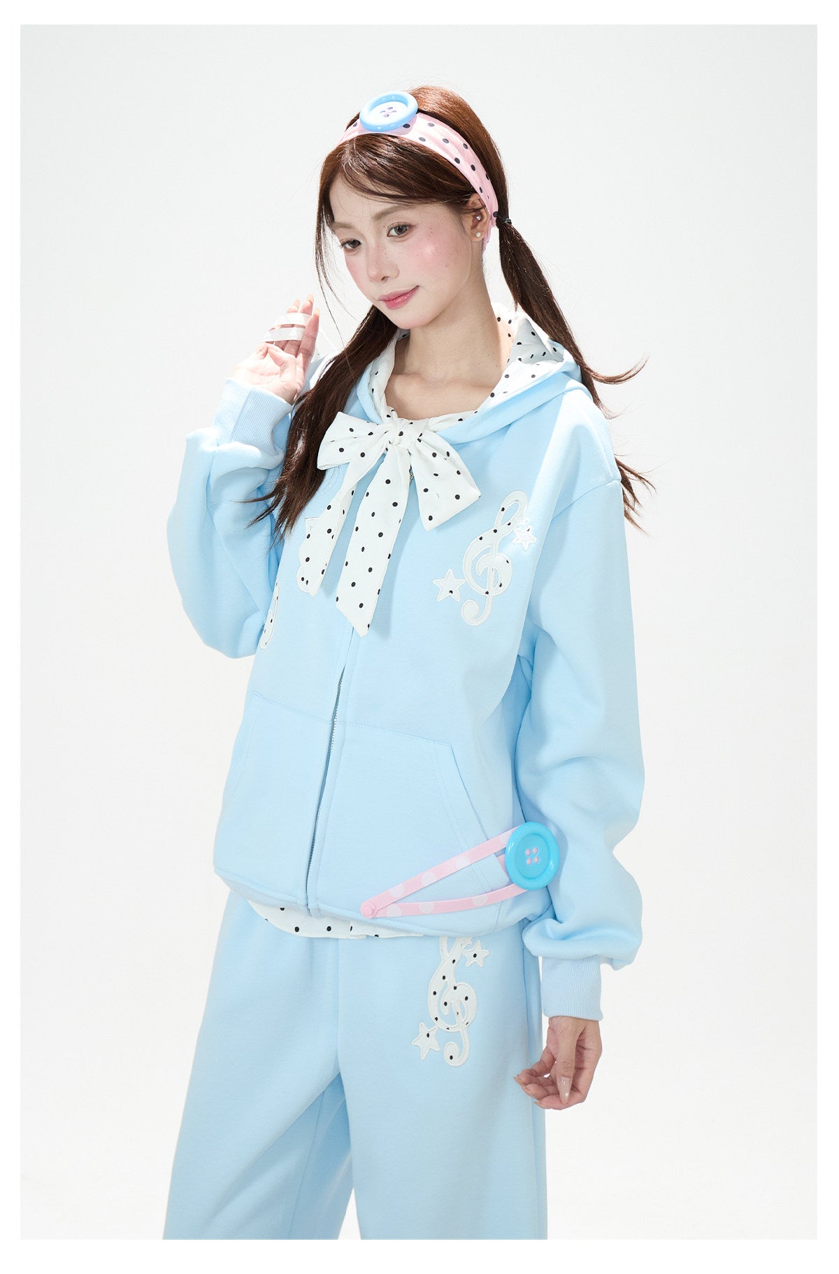 Music Note Polka-Dot Bow Zip-Up Hoodie & Gray Wide-Leg Pants