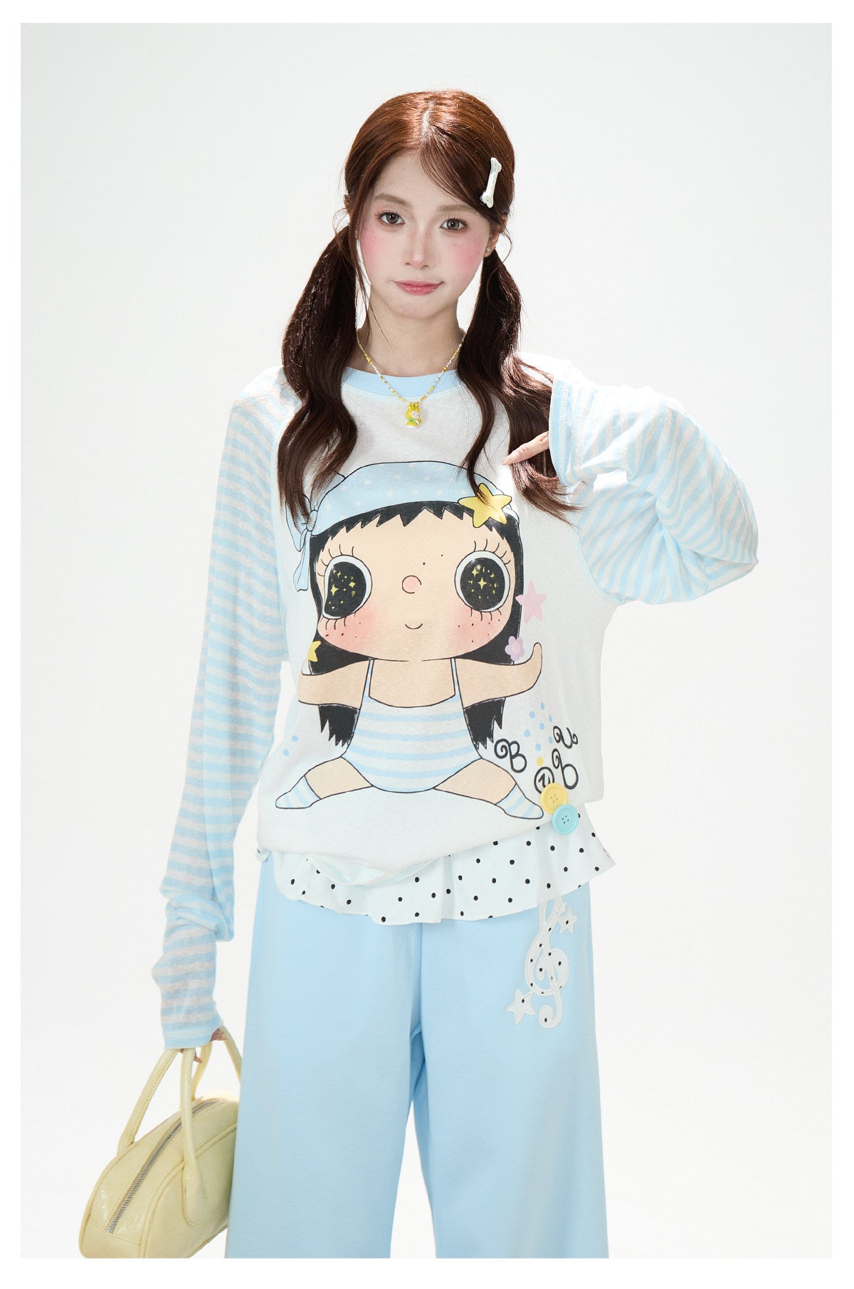 Cartoon Girl Stripe Raglan Long Sleeve Top & Black Polka-Dot Ruffle Skirt