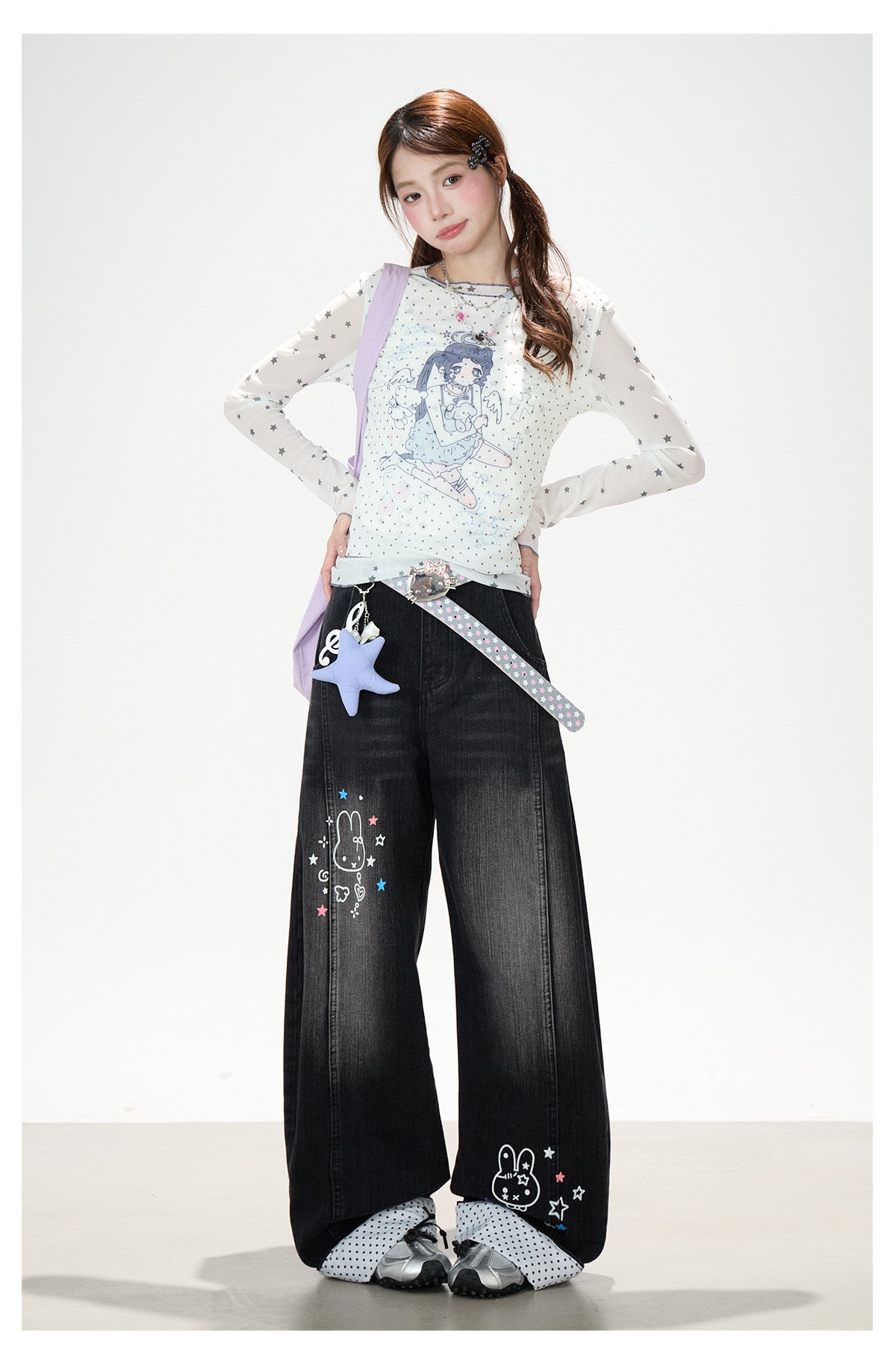 Anime Star Polka-Dot Mesh Long Sleeve Top & Bunny Graphic Wide-Leg Jeans