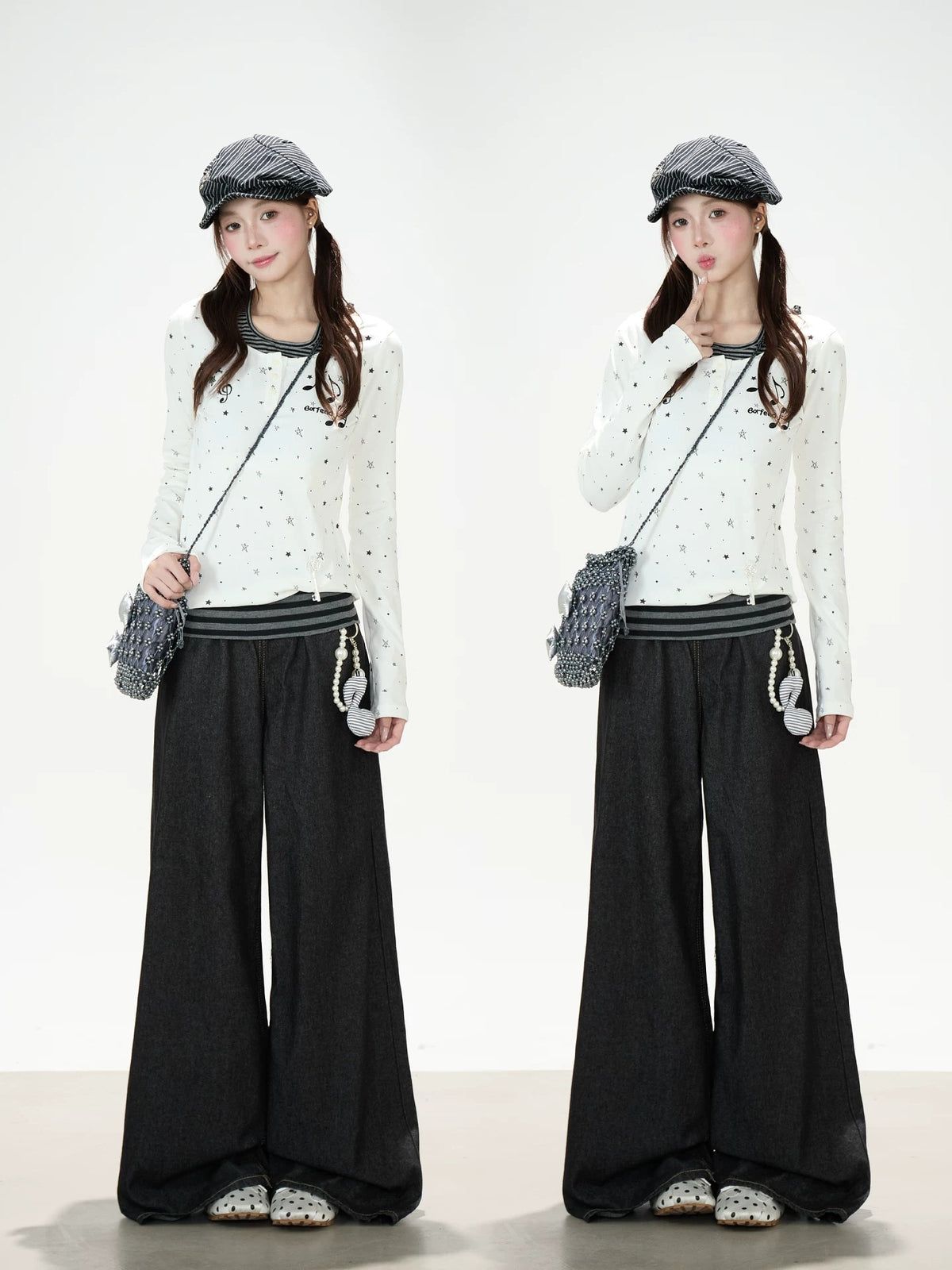 Star Music Note Halter Layered Long Sleeve Top & Black Wide-Leg Pants