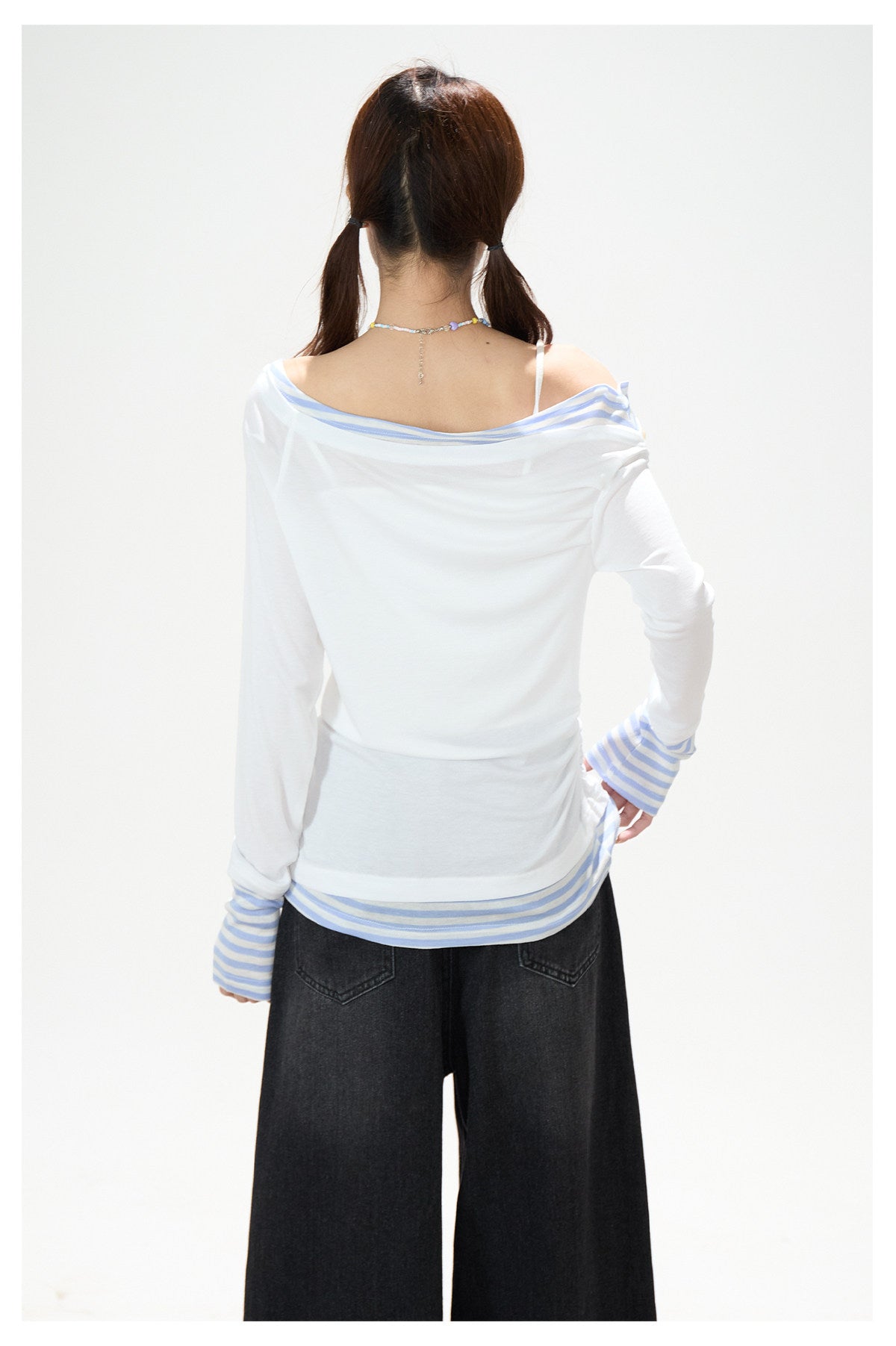Starfish Off-Shoulder Layered Long Sleeve Top & White Wide-Leg Pants