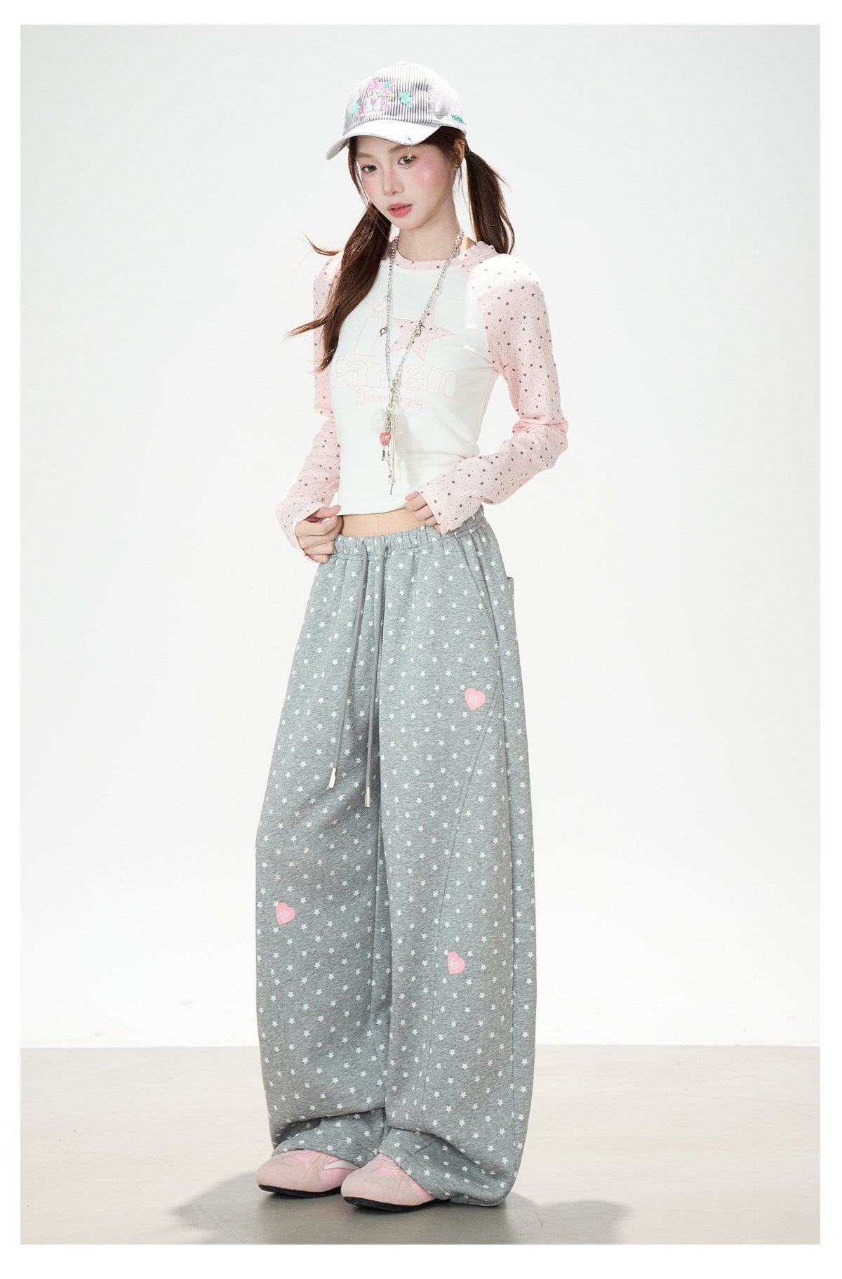 Pink Star Raglan Long Sleeve Top & Gray Heart Star Wide-Leg Pants