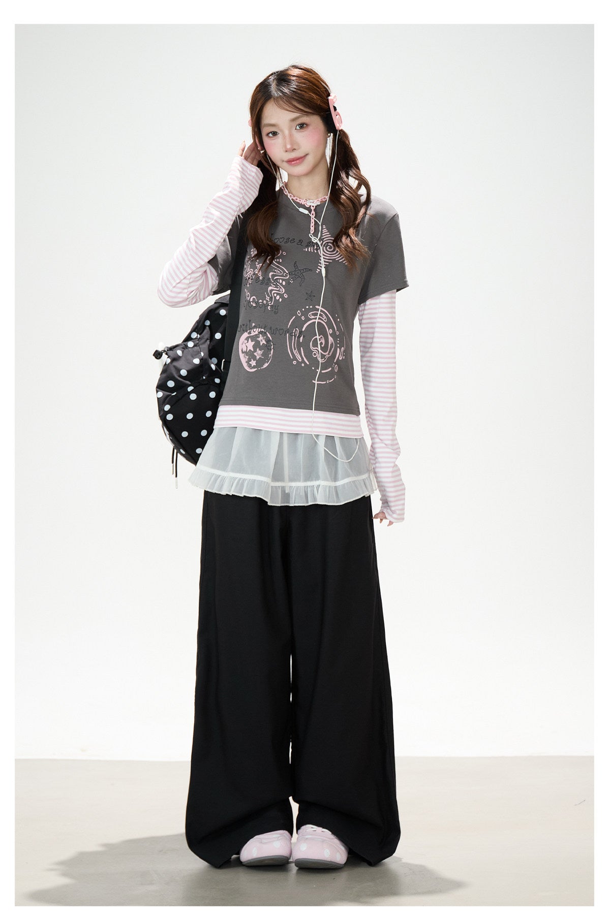 Graffiti Layered Long Sleeve Top & Black Wide-Leg Pants