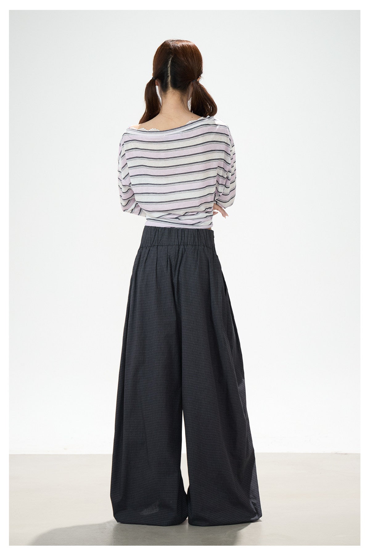 Striped Off-Shoulder Long Sleeve Top & Black Wide-Leg Pants