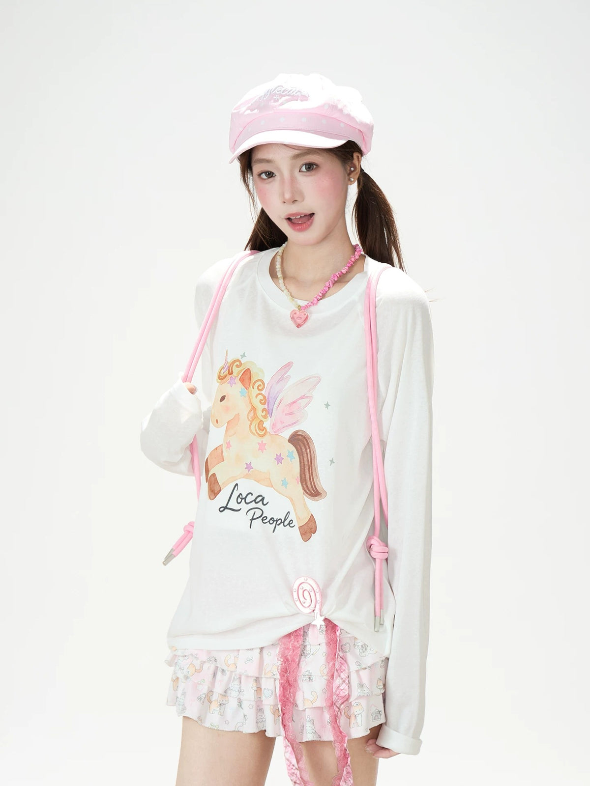Cartoon Pony Long Sleeve Top & Pink Ruffle Mini Skirt